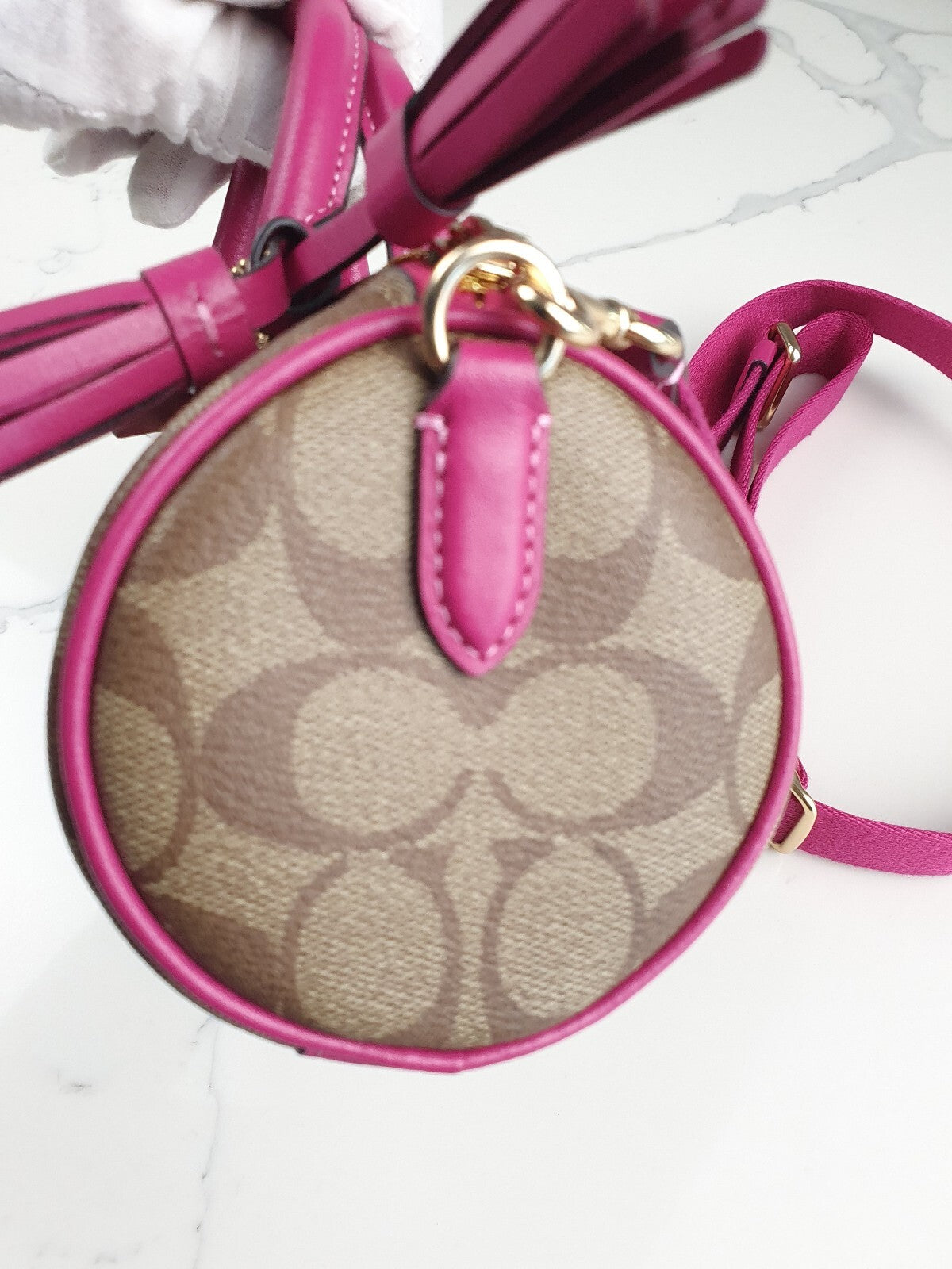 Coach Signature Canvas and Pink Leather Barrel Bag with Tassel
