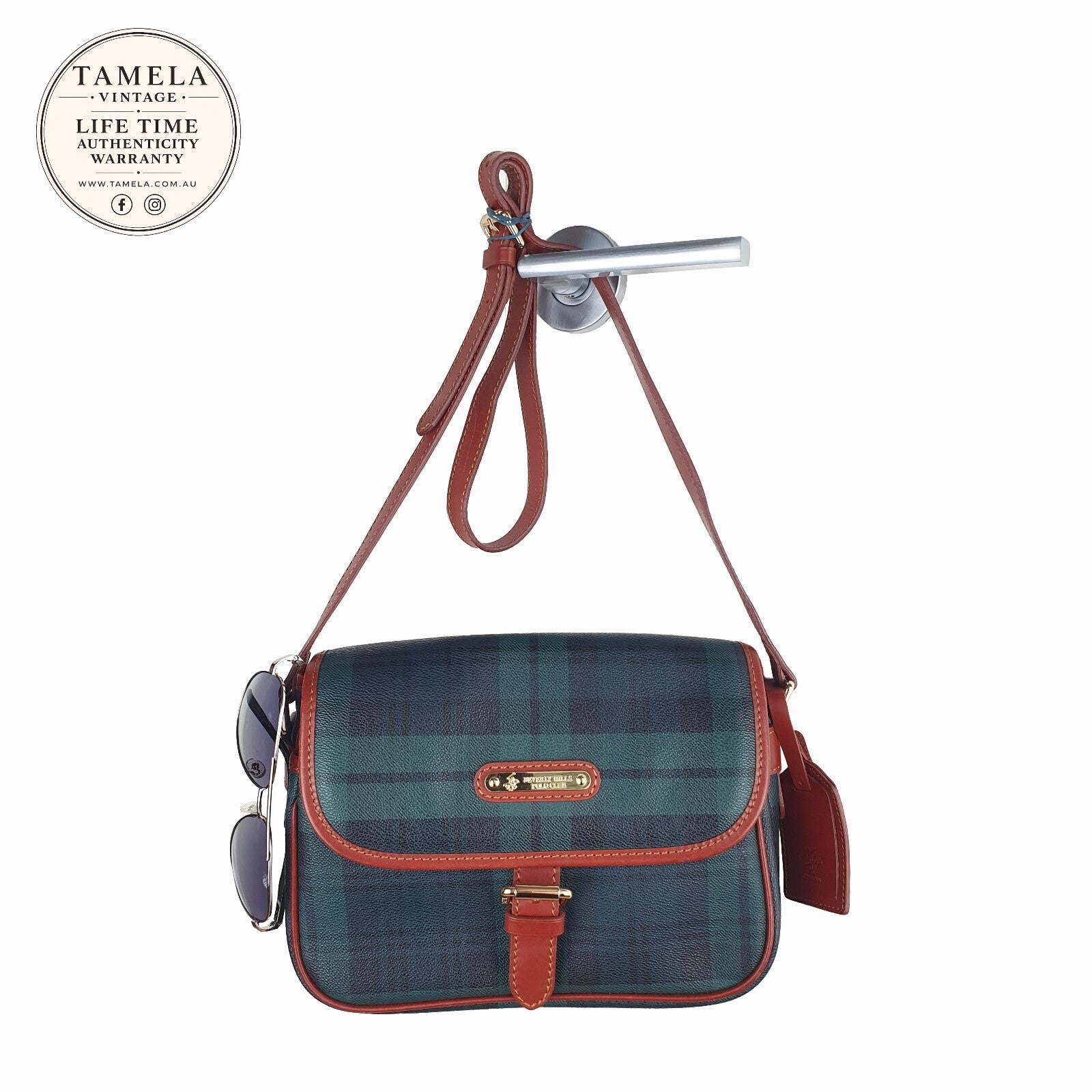 Beverly Hills Polo Club Vintage Green and Navy Tartan Crossbody Bag with Brown T