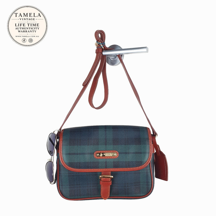 Beverly Hills Polo Club Vintage Green and Navy Tartan Crossbody Bag with Brown T