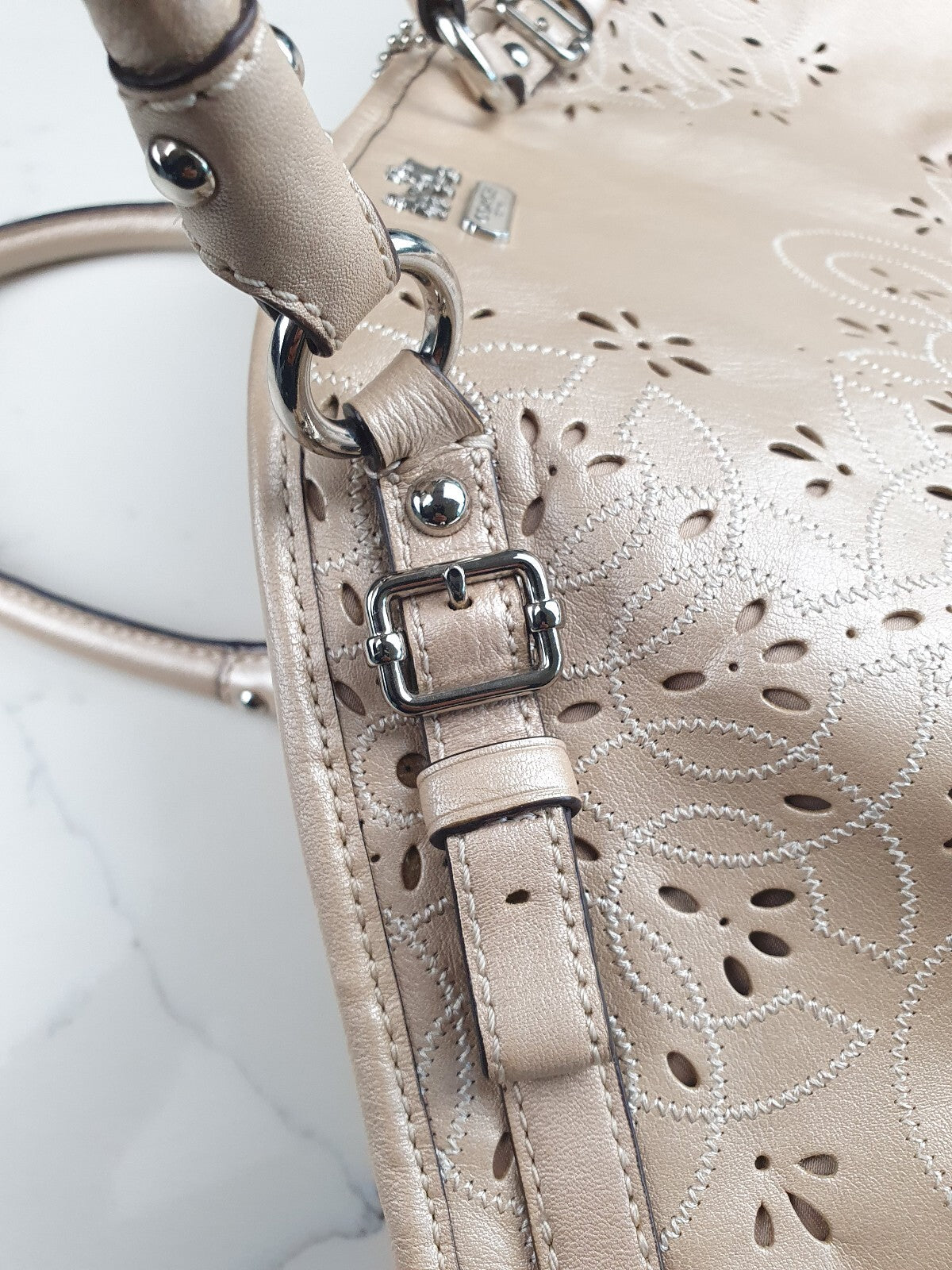 Coach Beige Leather Tote Bag with Floral Cutout Design