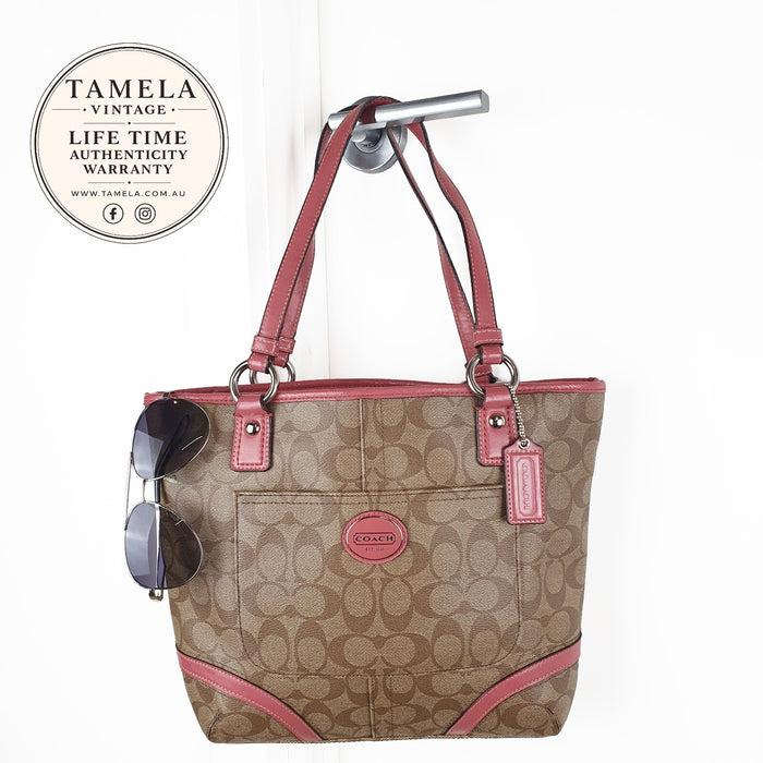 Coach Vintage Tote Bag with Signature Canvas and Pink Leather Trim
