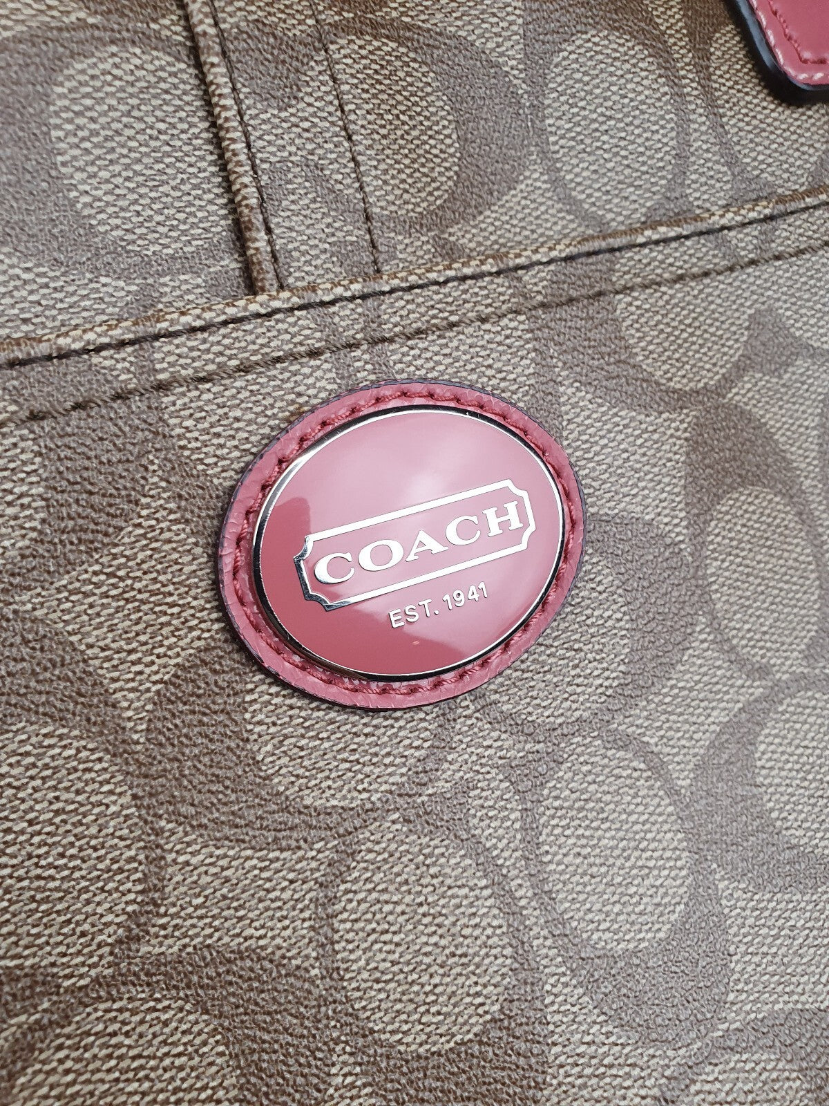 Coach Vintage Tote Bag with Signature Canvas and Pink Leather Trim