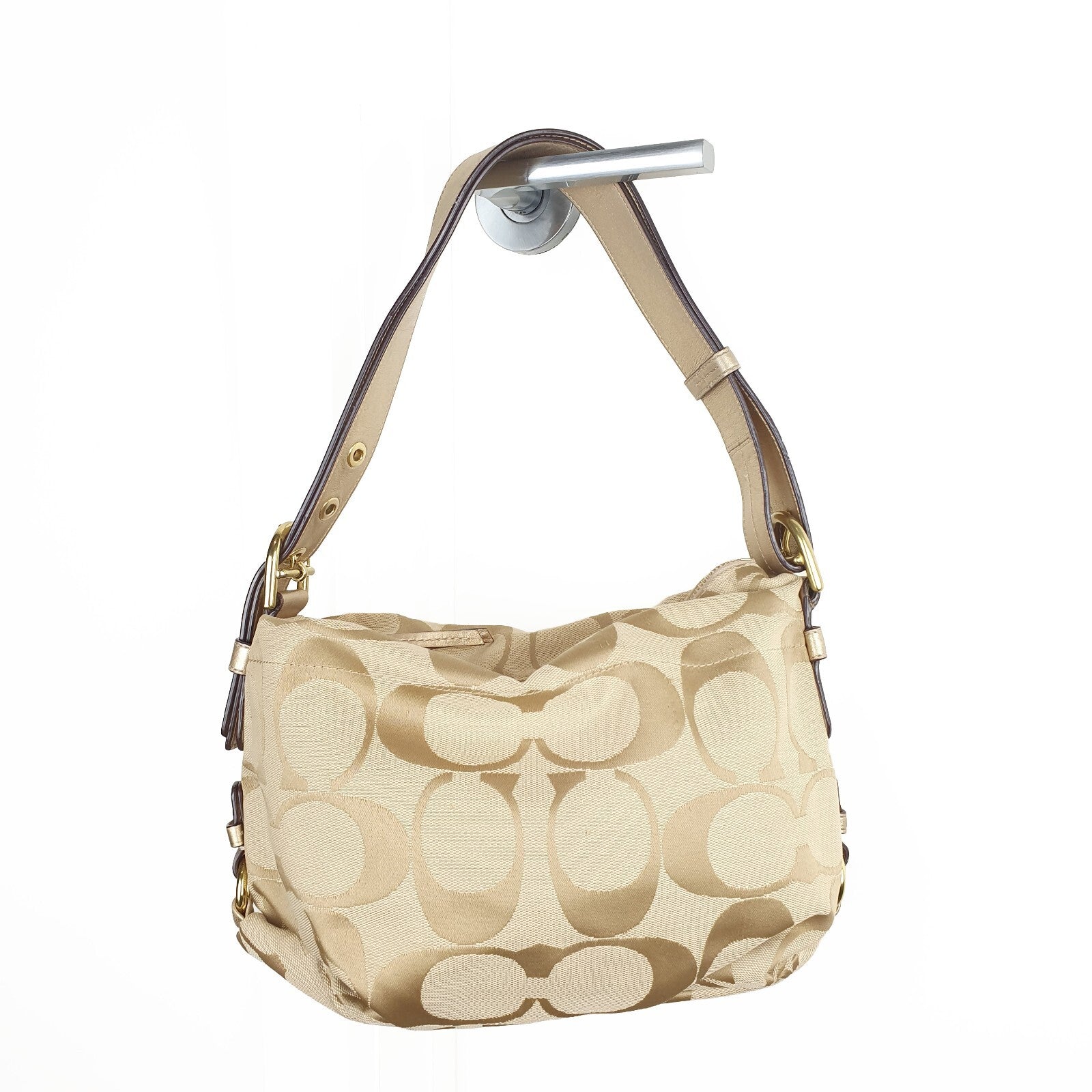 Coach Beige Signature Canvas Shoulder Bag with Gold Leather Strap