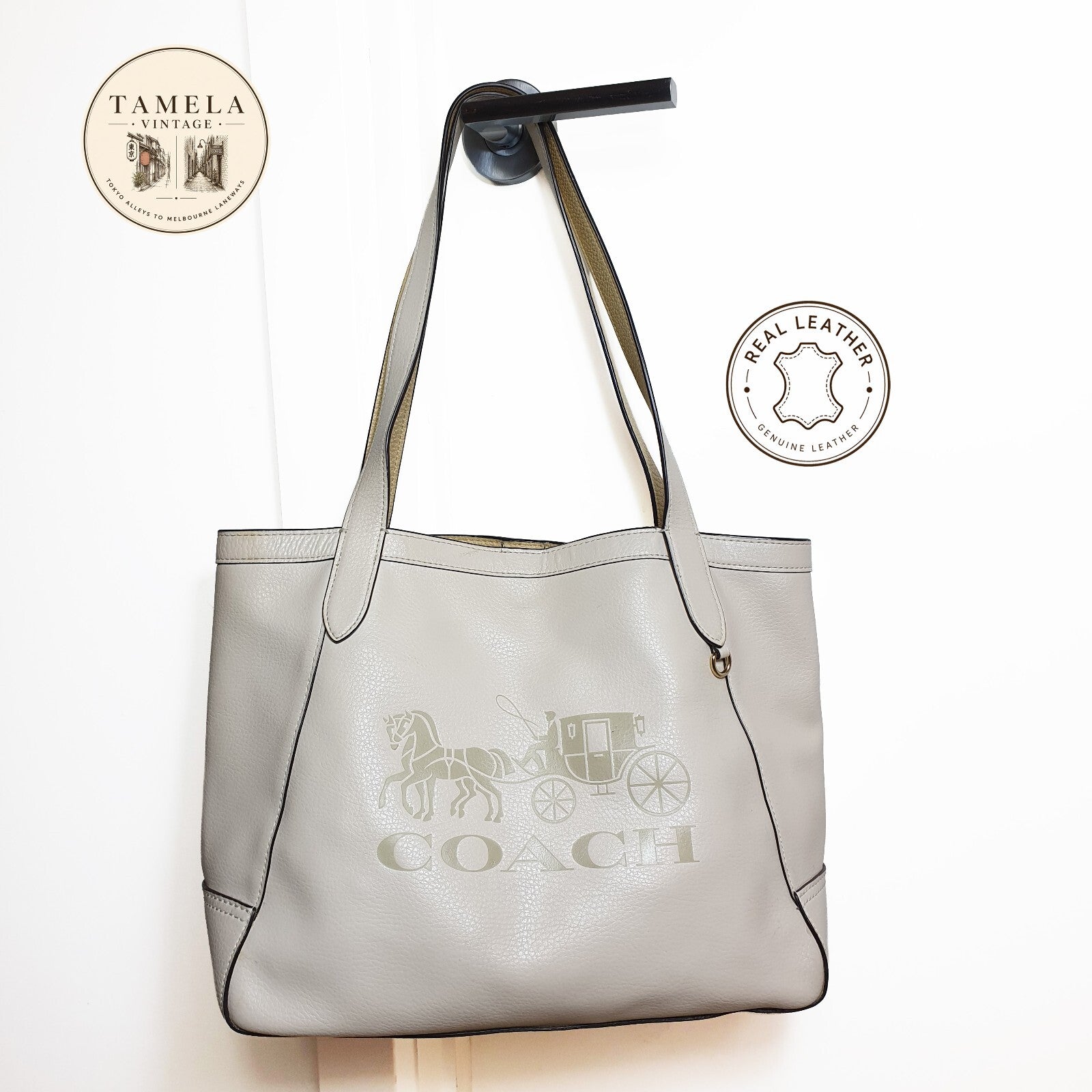 Authentic Coach white leather tote bag with gold logo