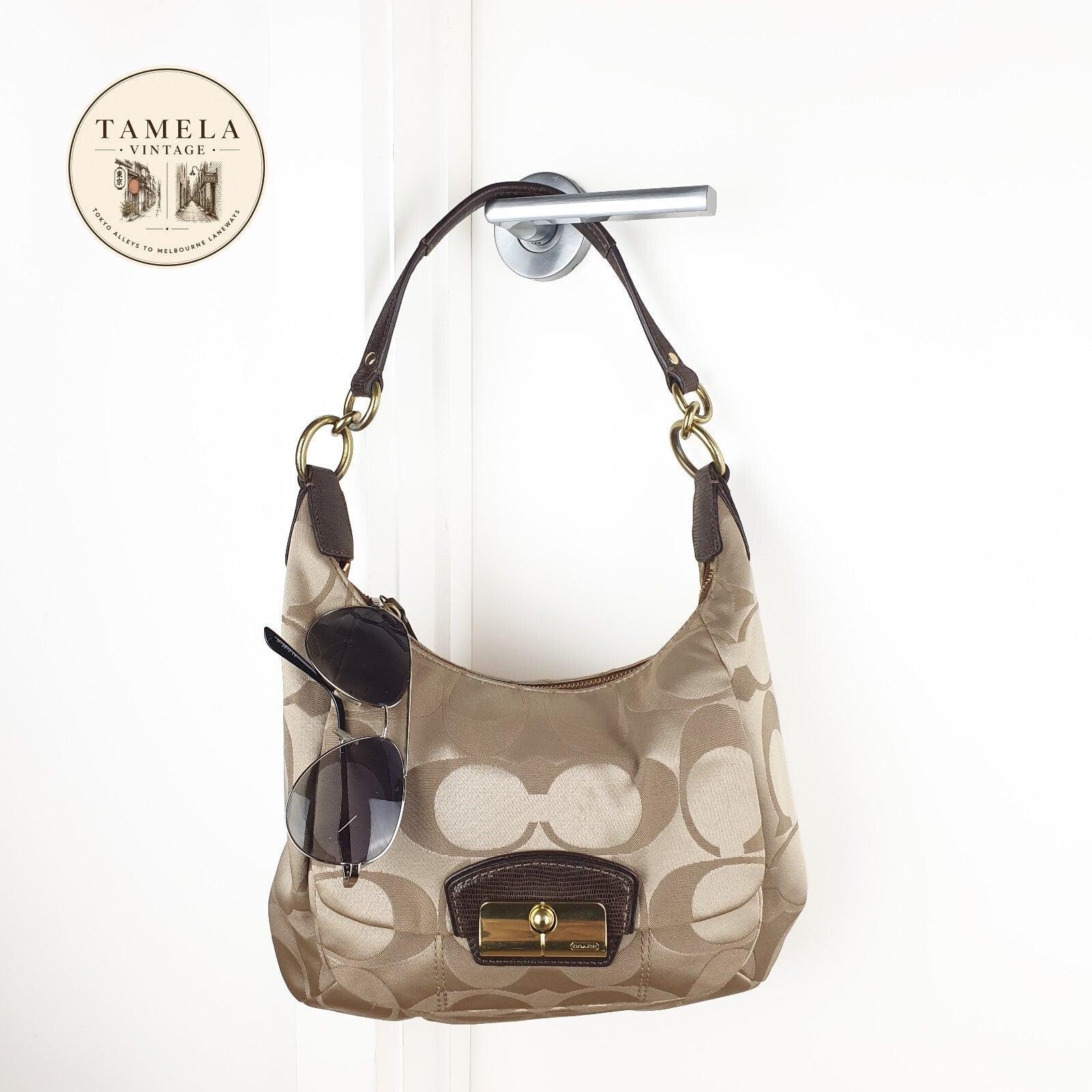 Coach Signature Khaki Hobo Bag with Leather Trim and Gold Hardware