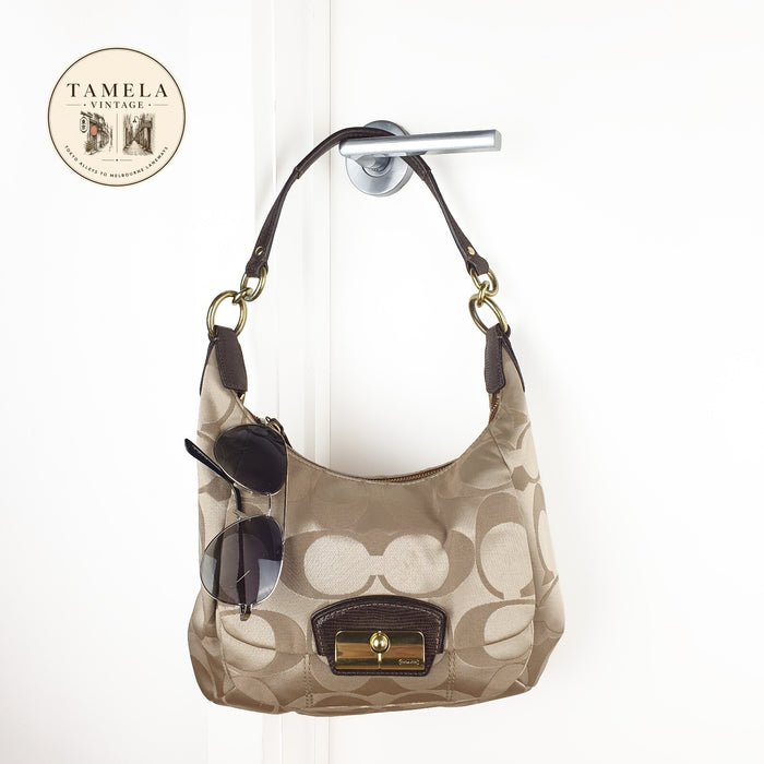 Coach Signature Khaki Hobo Bag with Leather Trim and Gold Hardware