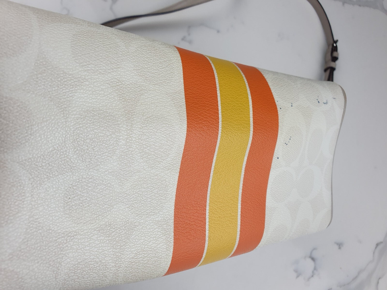 Coach Vintage White Leather Handbag with Orange and Yellow Stripe Detail