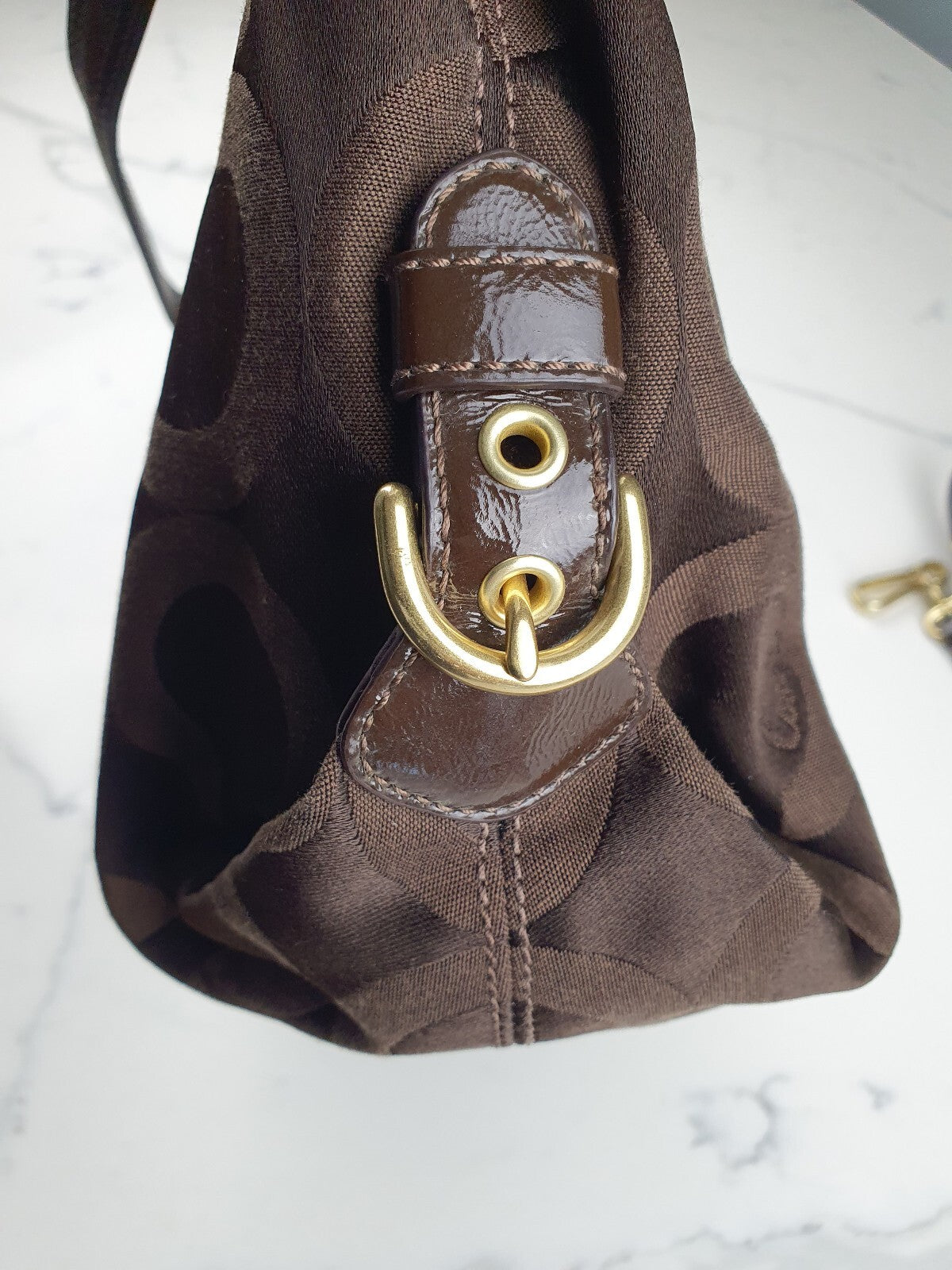 Coach Brown Signature Jacquard Hobo Shoulder Bag with Leather Trim