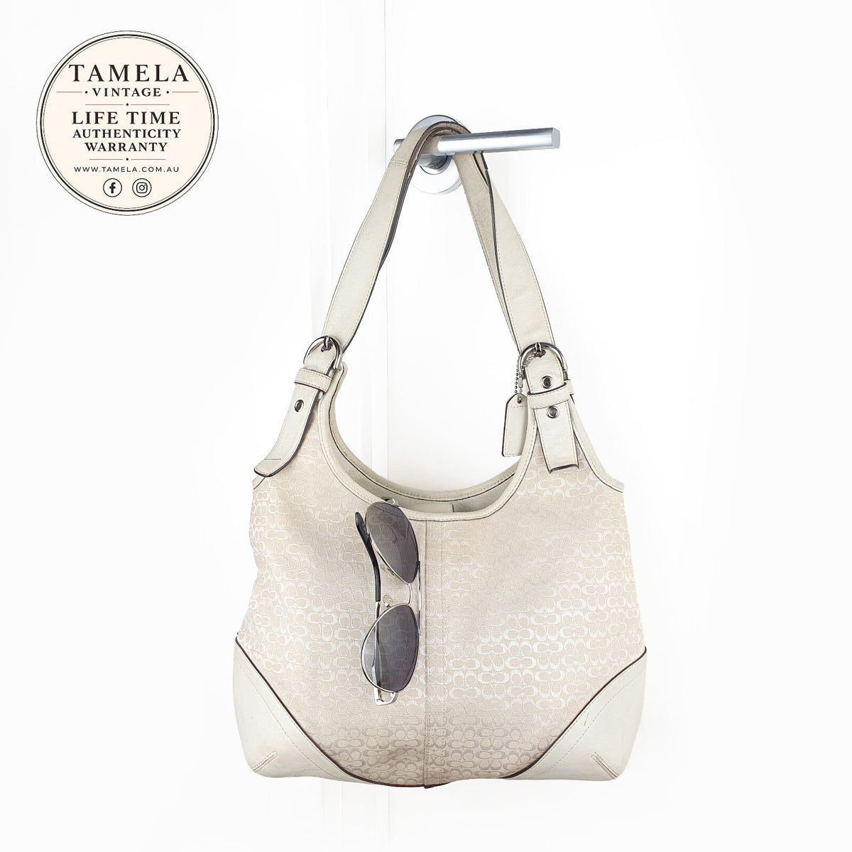 Authentic Vintage COACH 6351 Shoulder Hobo Bag White Signature Canvas Leather