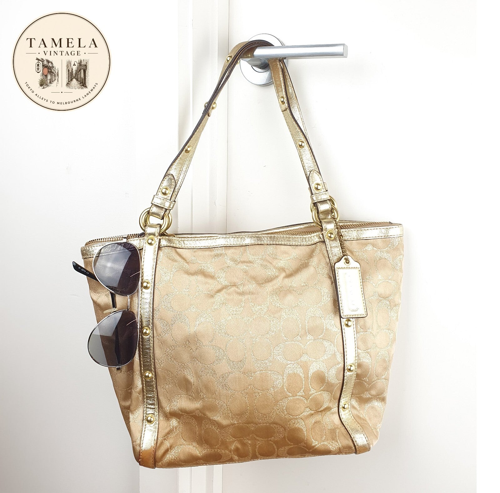 Coach Beige Signature Canvas Tote Bag with Gold Leather Trim