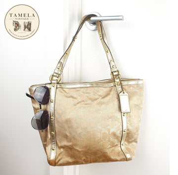 Coach Beige Signature Canvas Tote Bag with Gold Leather Trim