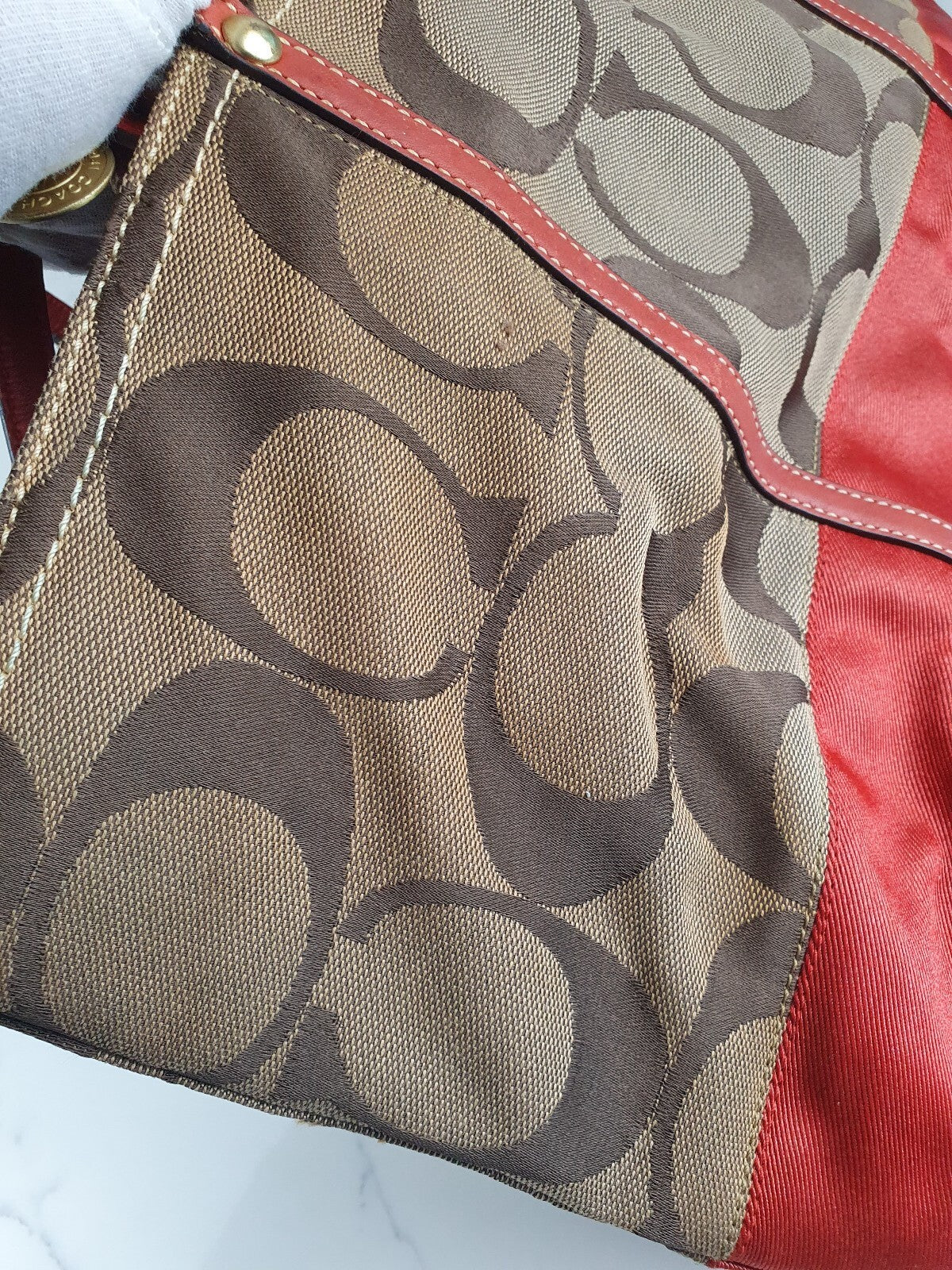 Coach Signature Canvas Tote Bag with Red Leather Trim