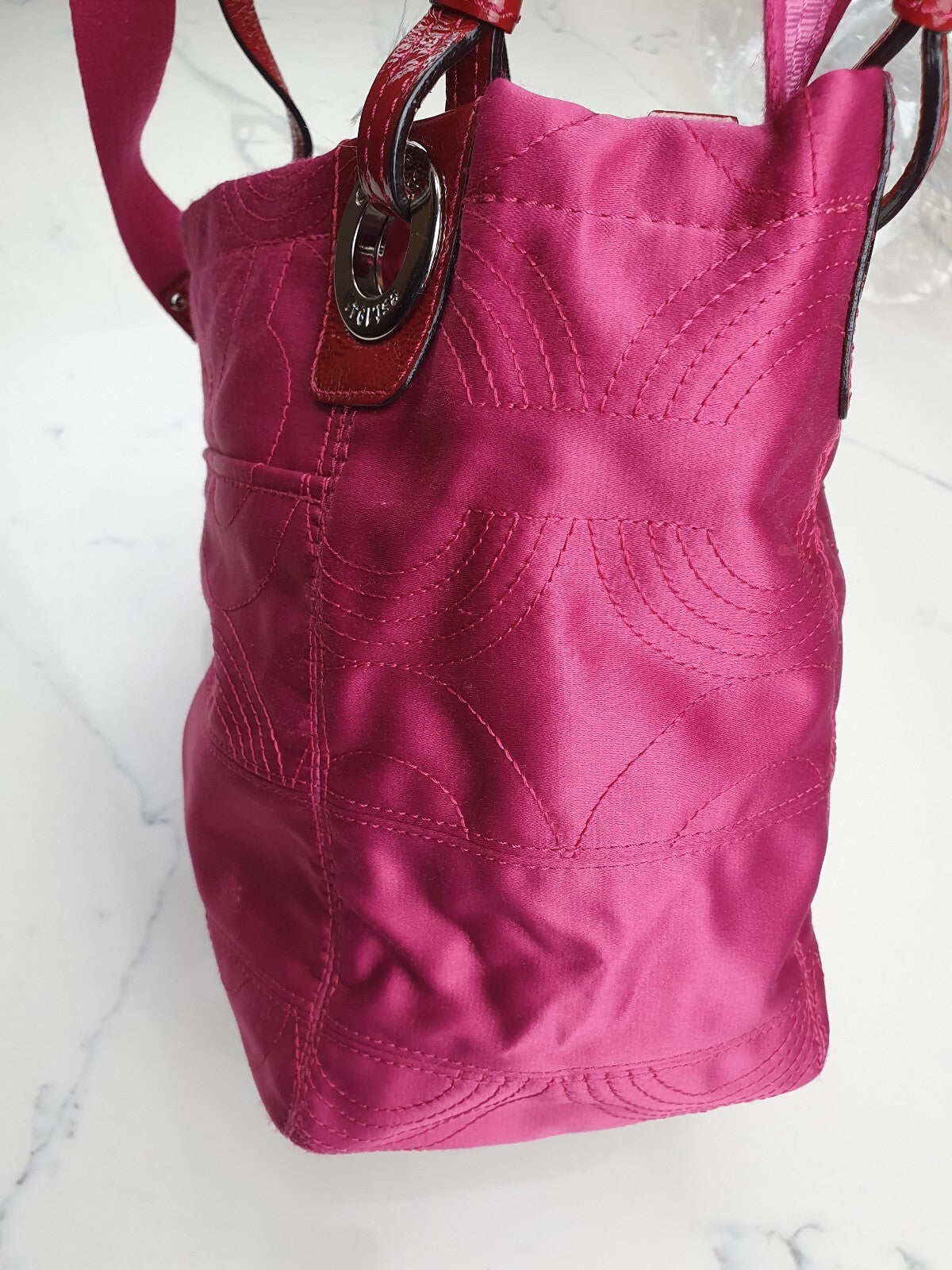 Coach Pink Nylon Tote Bag with Leather Handles and Detachable Strap