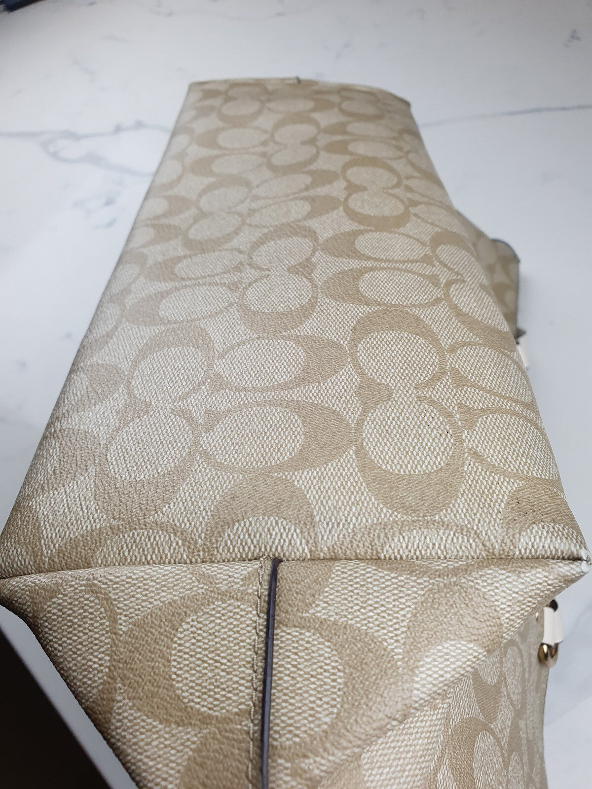 Coach Beige Signature Canvas Tote Bag with White Leather Straps
