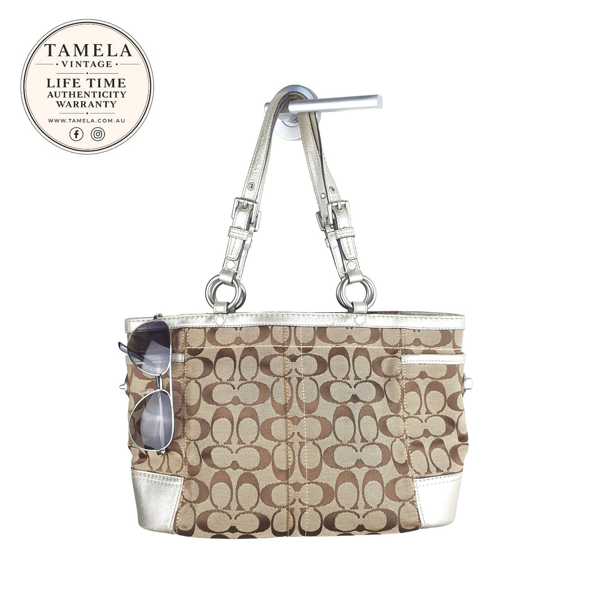 Coach Signature Canvas Tote Bag with Silver Leather Trim