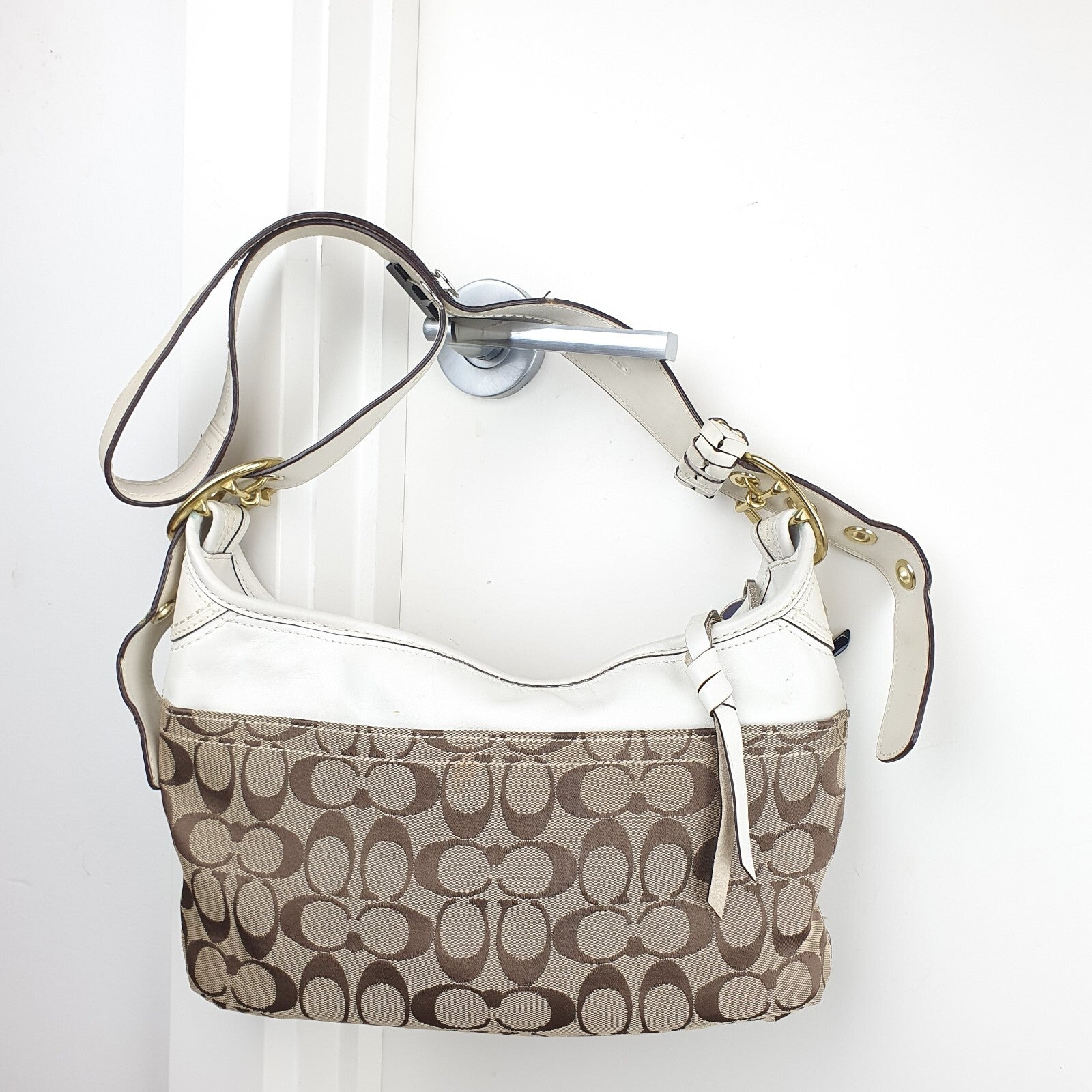 Coach Signature Canvas and Genuine White Leather Hobo Shoulder Bag