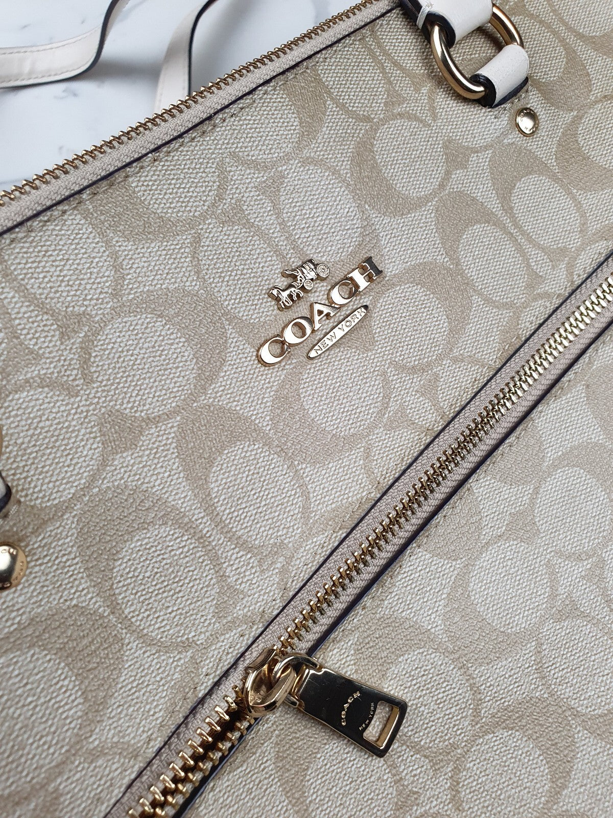 Coach Beige Signature Canvas Tote Bag with White Leather Straps