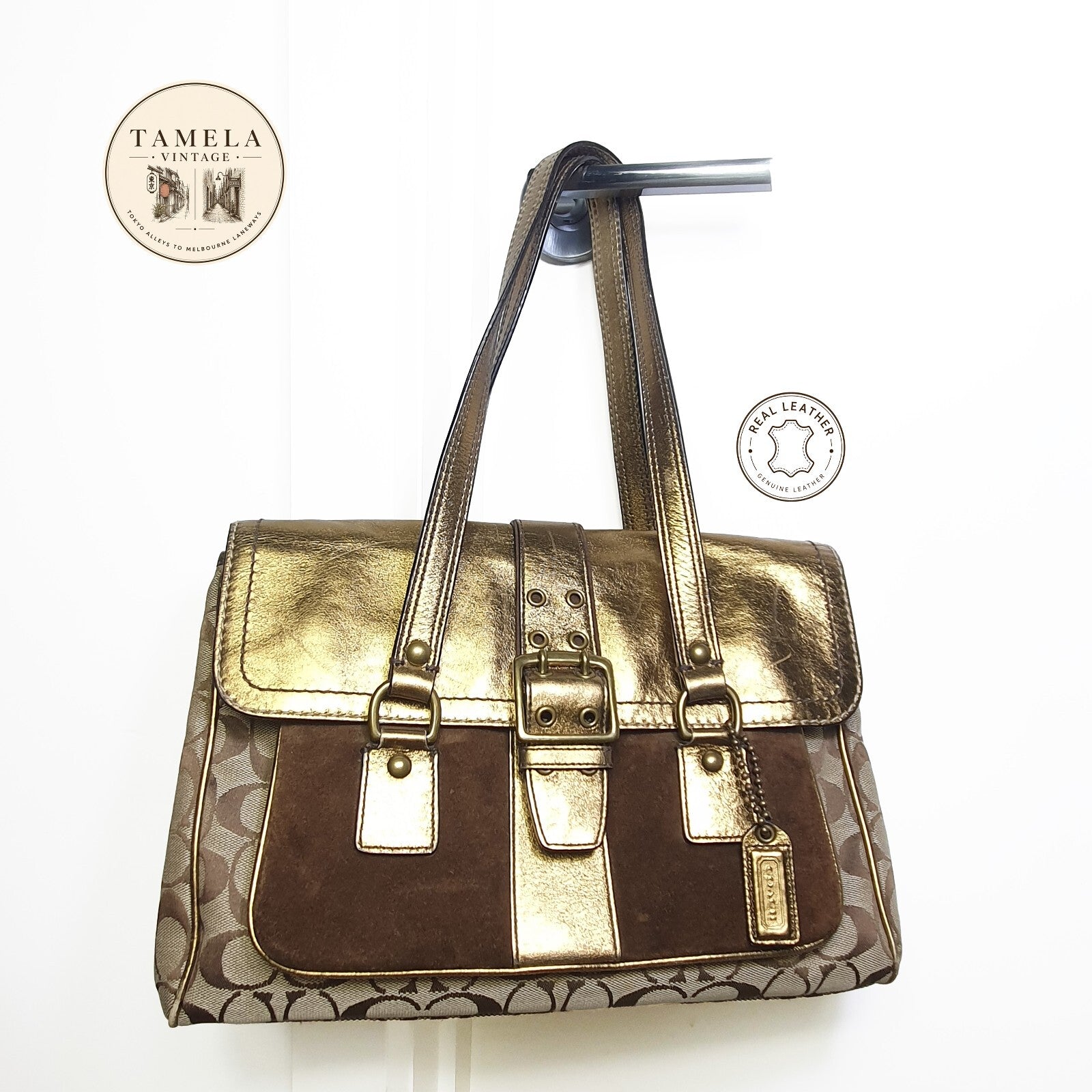Authentic Coach brown and gold handbag