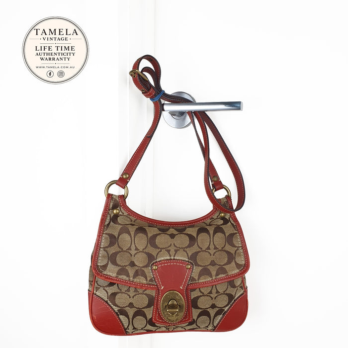 Coach Signature Canvas and Leather Shoulder Bag with Turnlock Closure