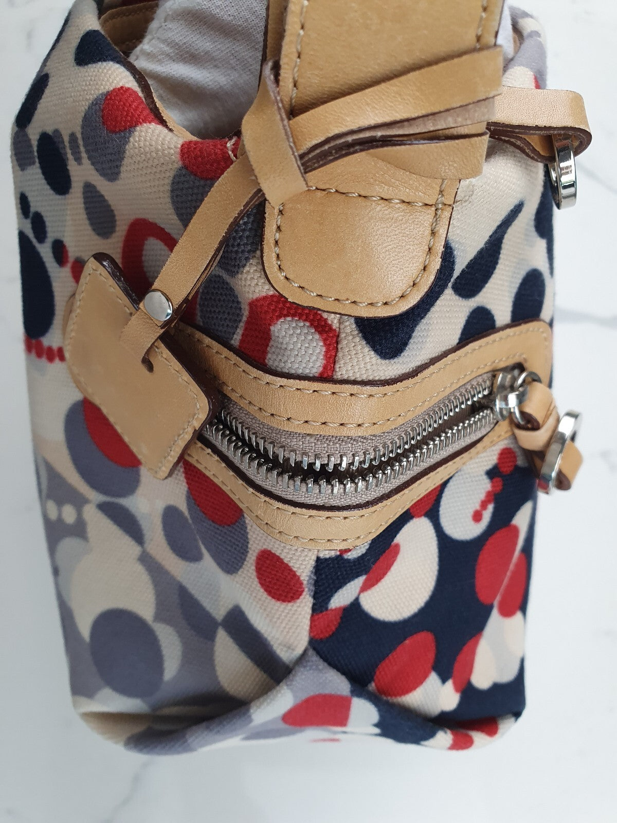 Pelle Borsa Canvas and Leather Shoulder Bag with Polka Dot Pattern