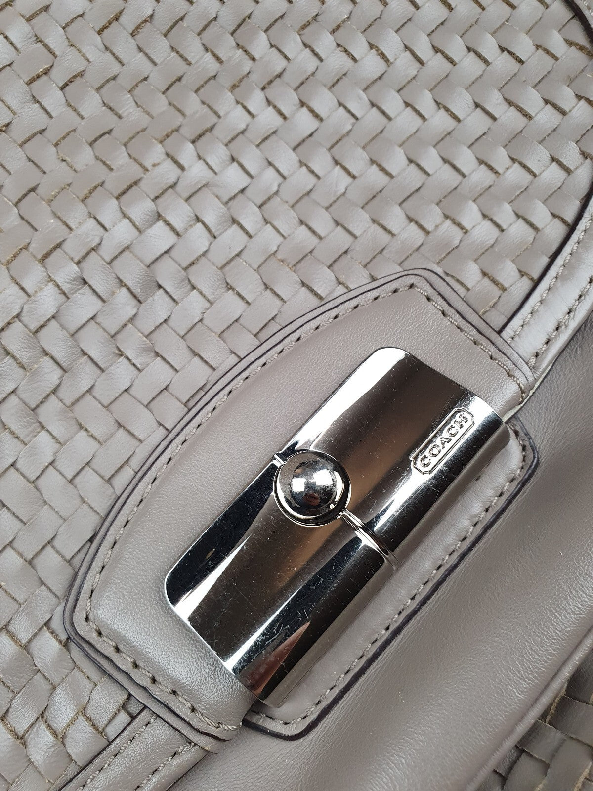 Coach Taupe Woven Leather Handbag with Silver Hardware
