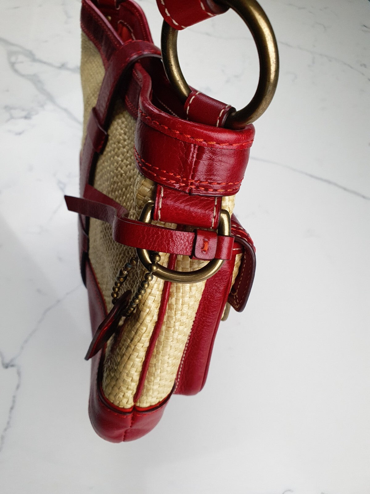 Coach Vintage Red Leather and Straw Shoulder Bag