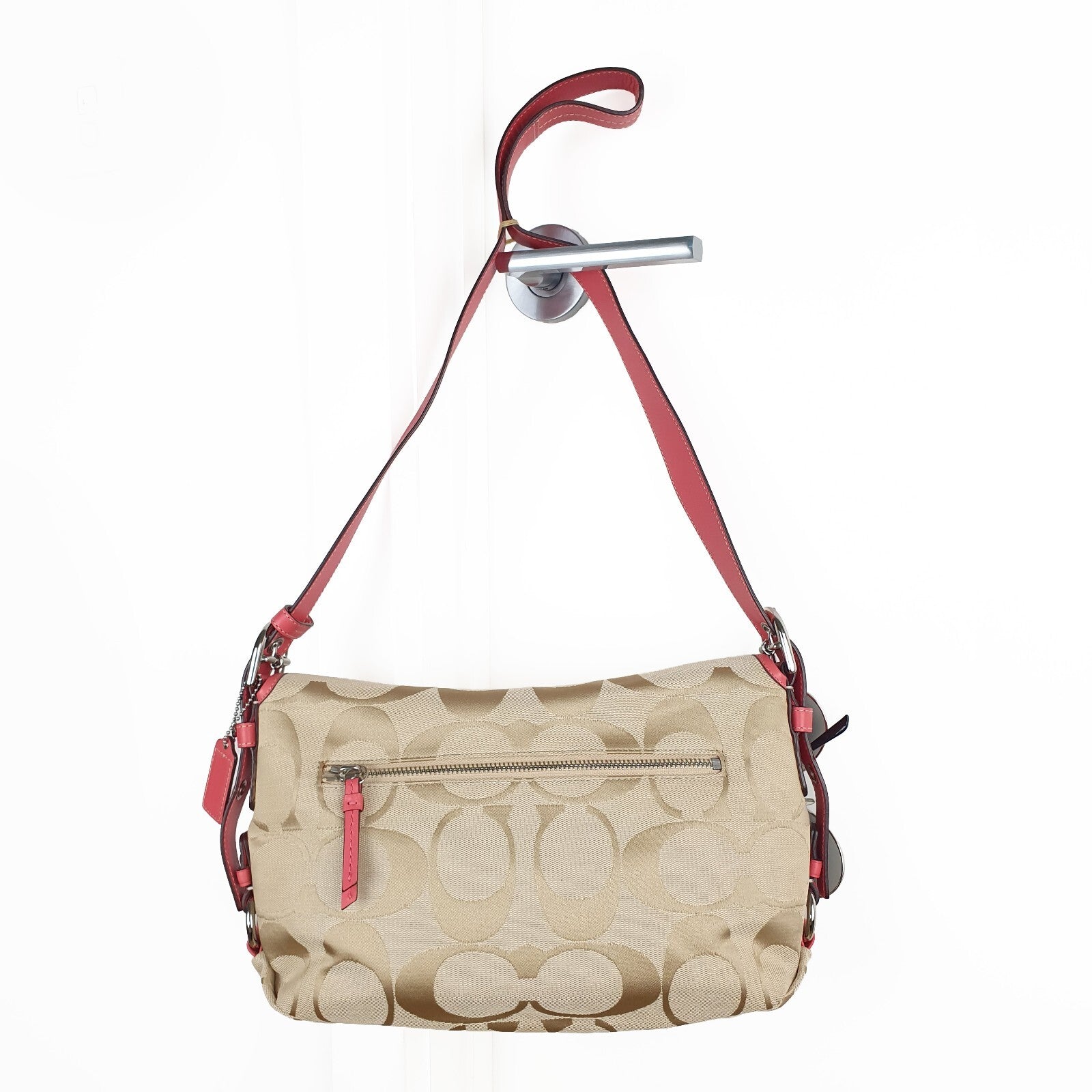 Coach Beige Signature Canvas Shoulder Bag with Pink Leather Trim