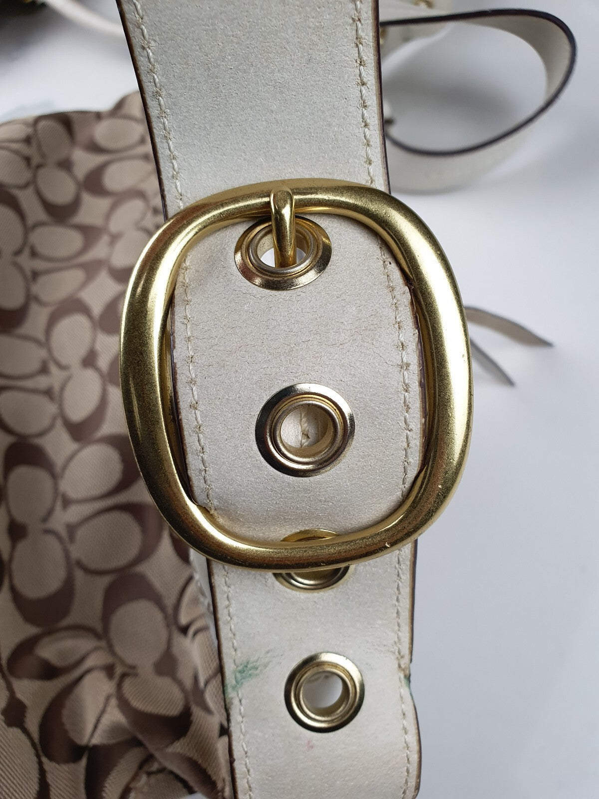 Coach Signature Canvas and Genuine White Leather Hobo Shoulder Bag