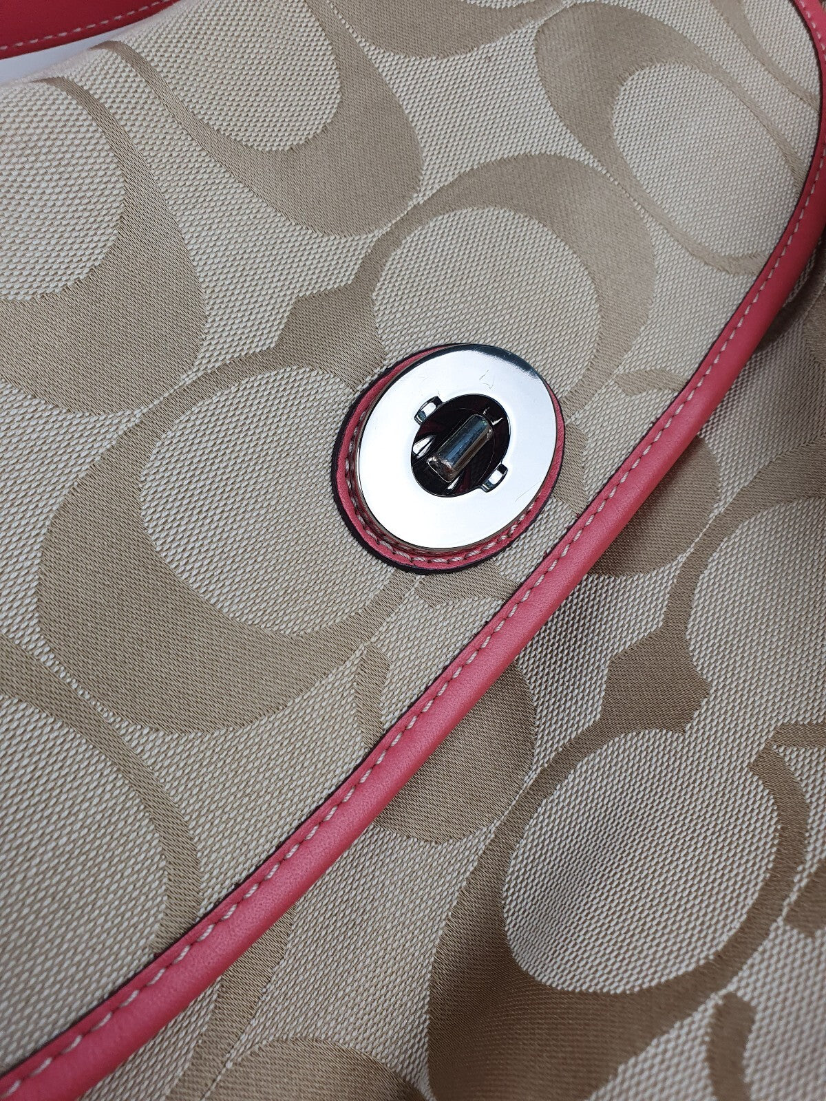 Coach Beige Signature Canvas Shoulder Bag with Pink Leather Trim