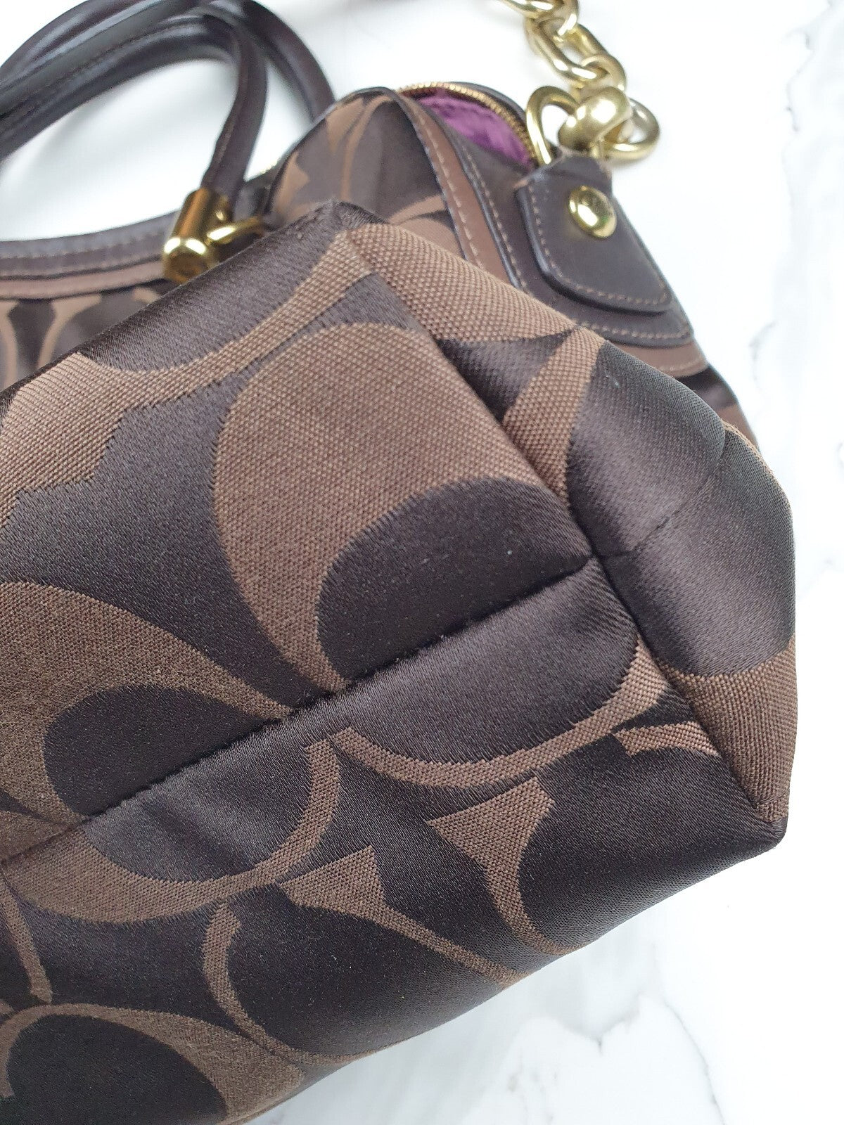 Coach Signature Brown Canvas Satchel Handbag with Leather Trim and Gold Hardware