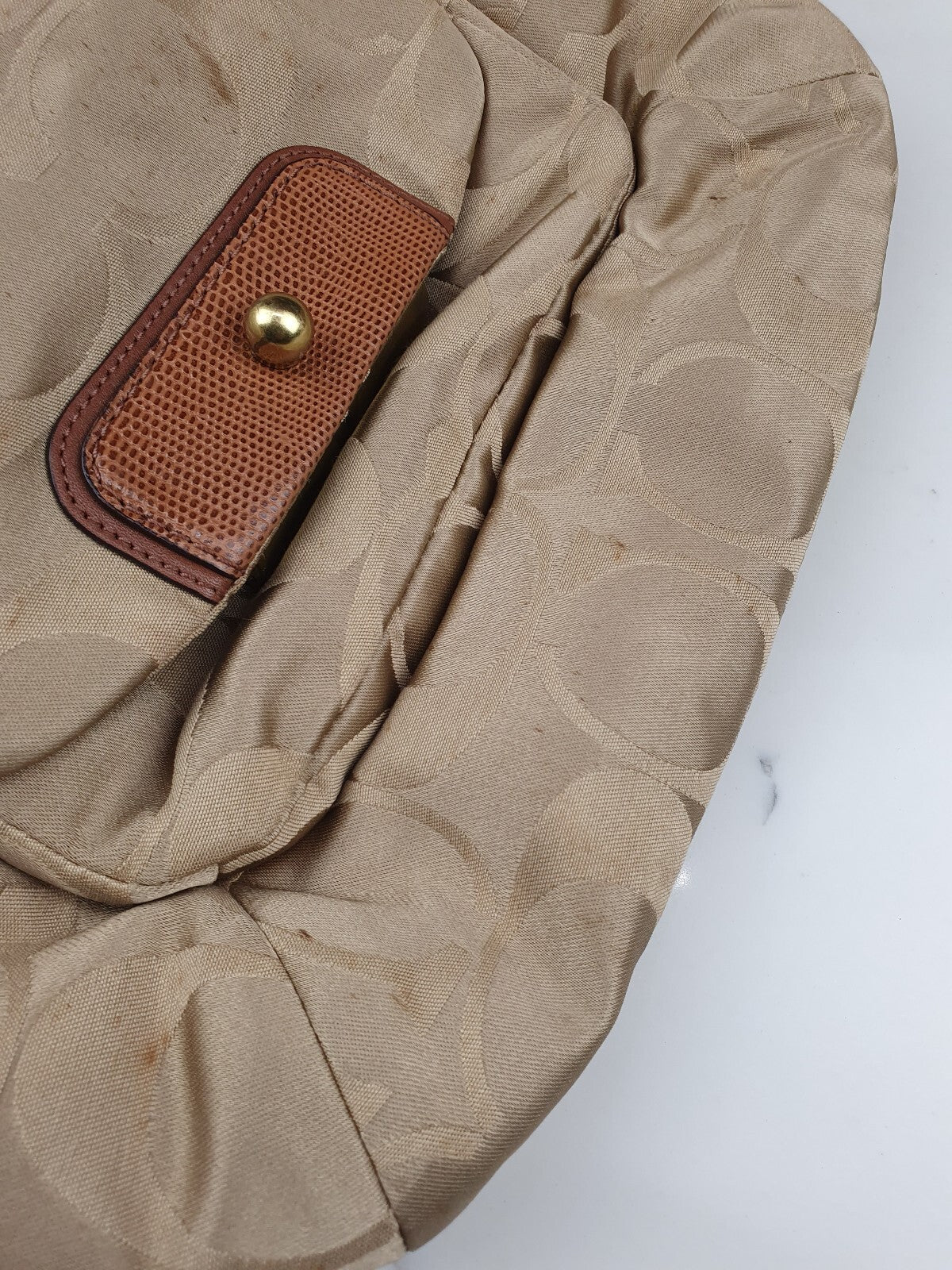 Coach Beige Signature Jacquard Shoulder Bag with Leather Trim