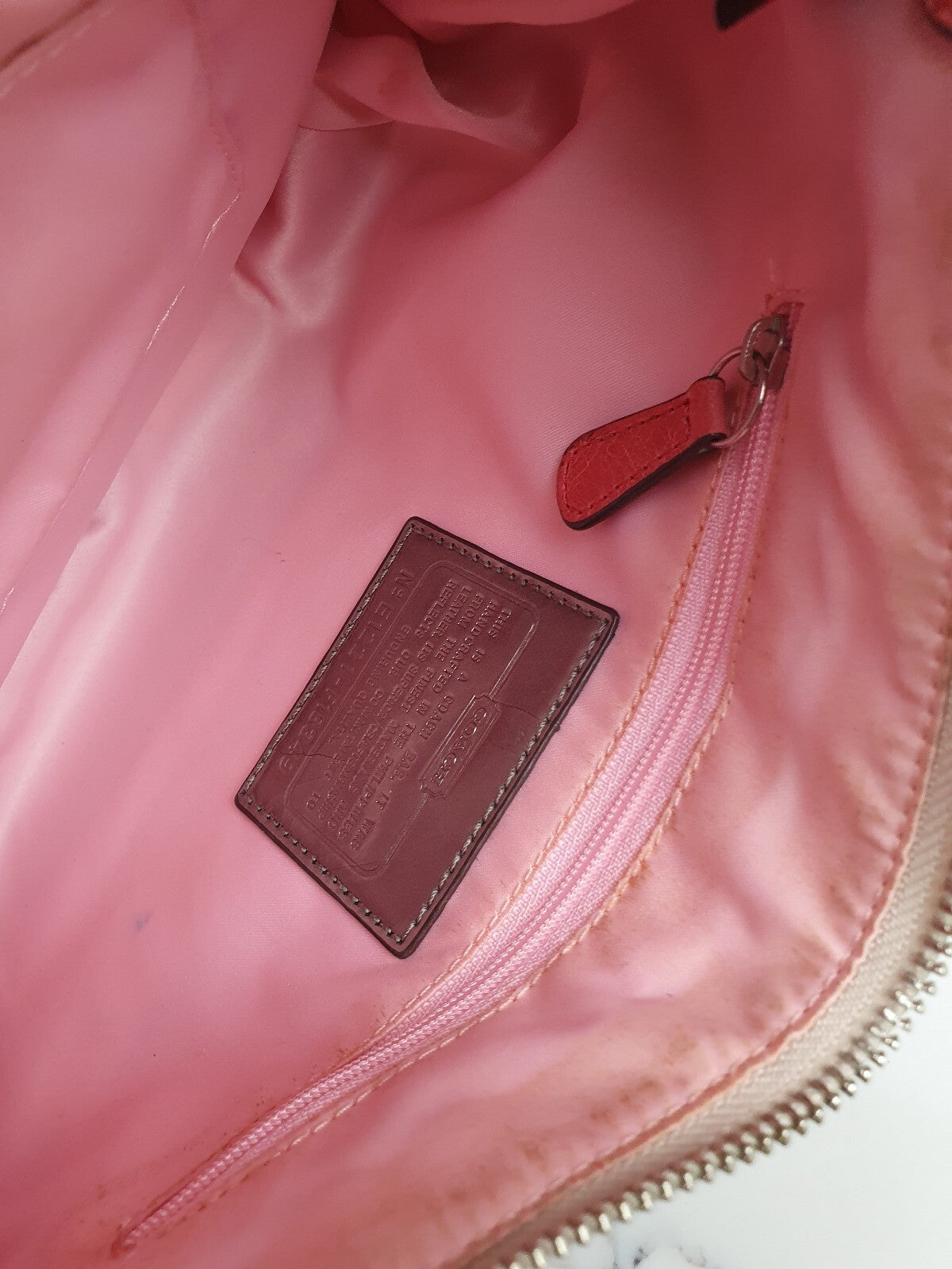 Coach Beige Signature Canvas Shoulder Bag with Coral Leather Trim