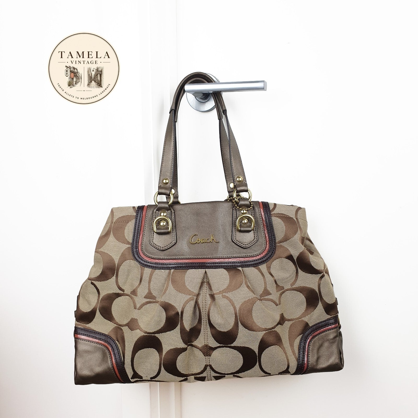 Authentic Ultra Rare Coach Ashley Khaki Rose Multi Signature Satchel Metallic