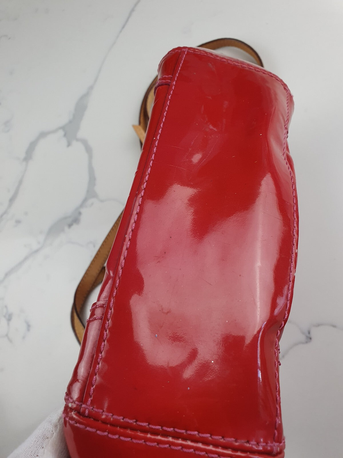 Coach Red Patent Leather Signature Tote Bag with Tan Straps