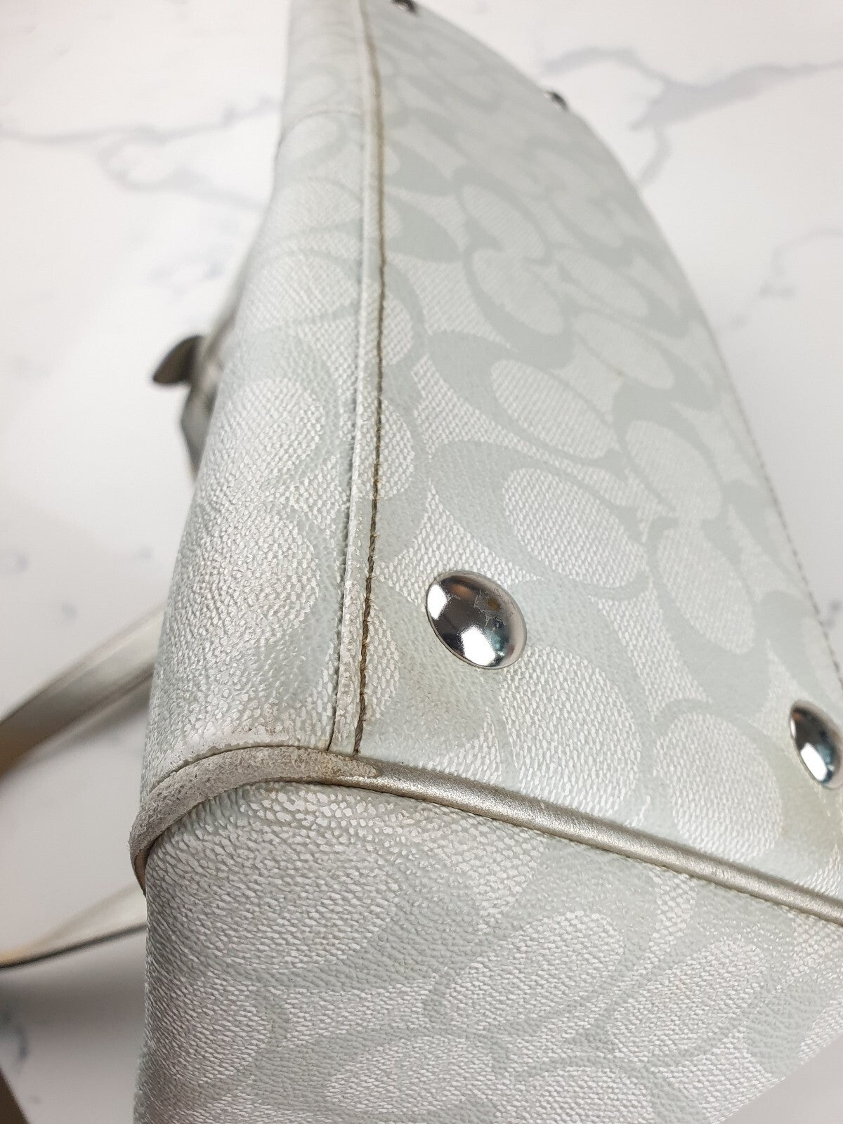 Coach Signature Canvas Handbag with Metallic Leather Trim