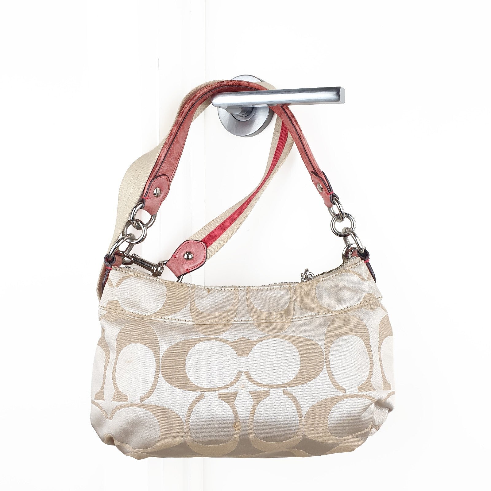 Coach Beige Signature Canvas Shoulder Bag with Coral Leather Trim