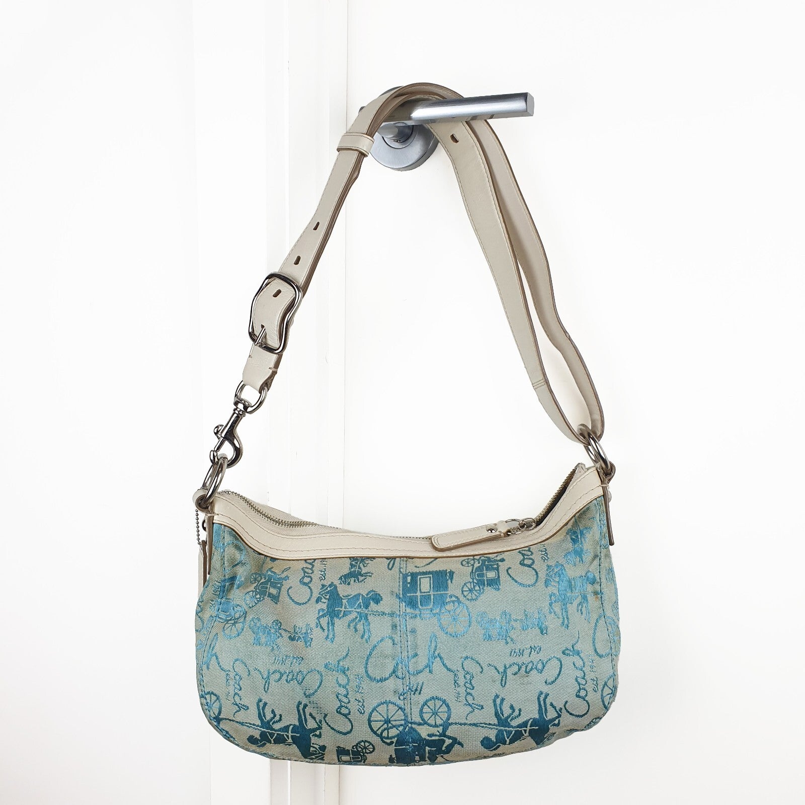 Coach Vintage Blue Canvas and White Leather Shoulder Bag
