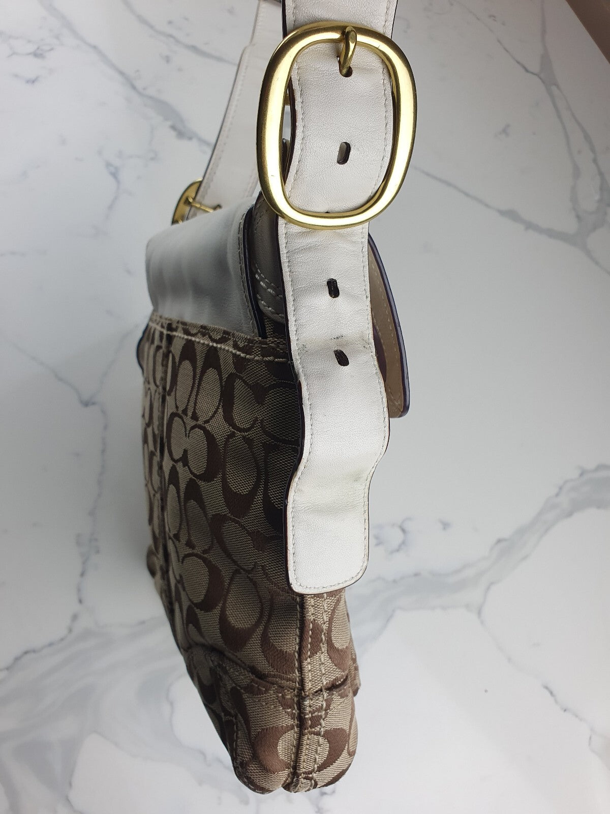Vintage Coach Signature Canvas and White Leather Shoulder Bag