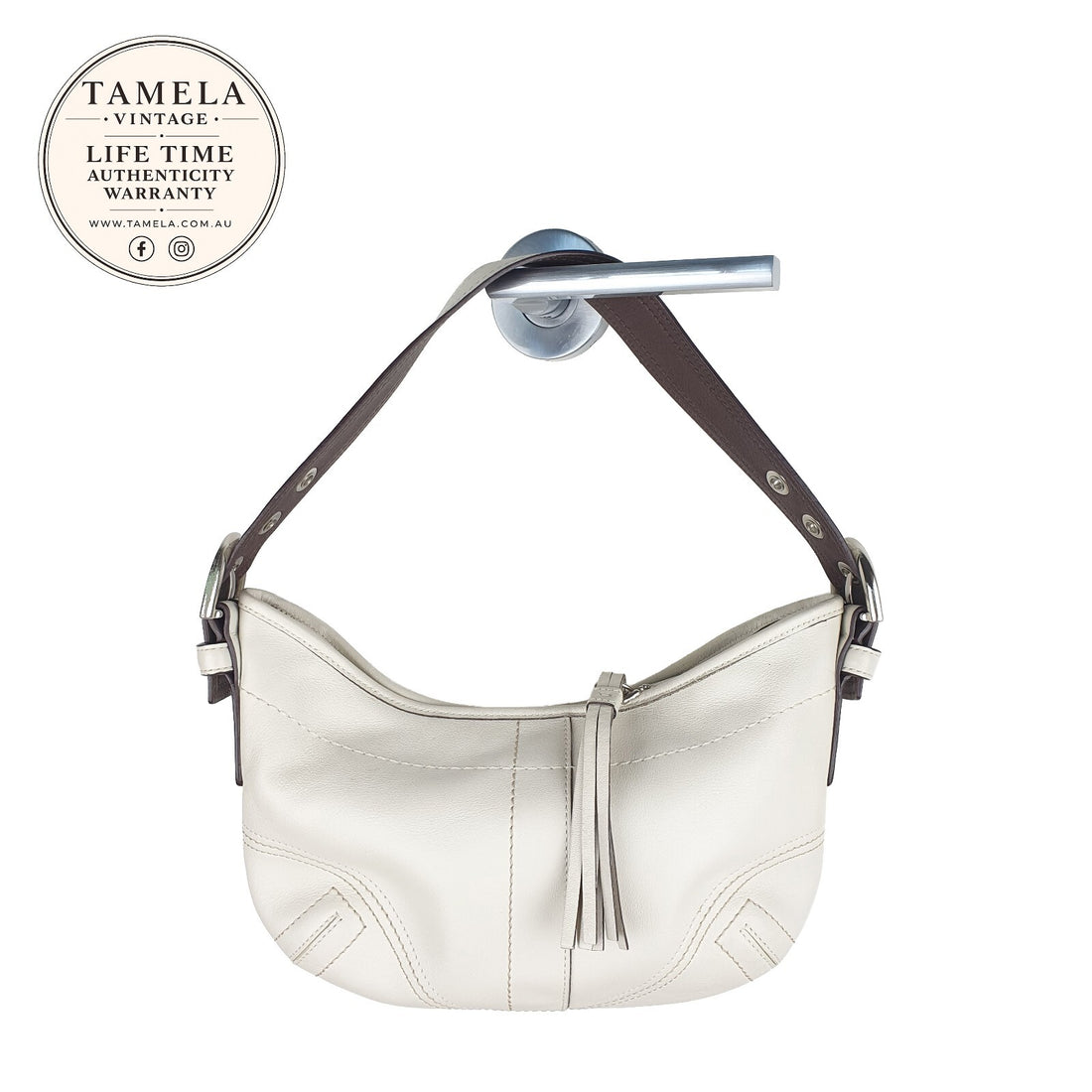 Coach Vintage Cream Leather Shoulder Bag with Brown Strap