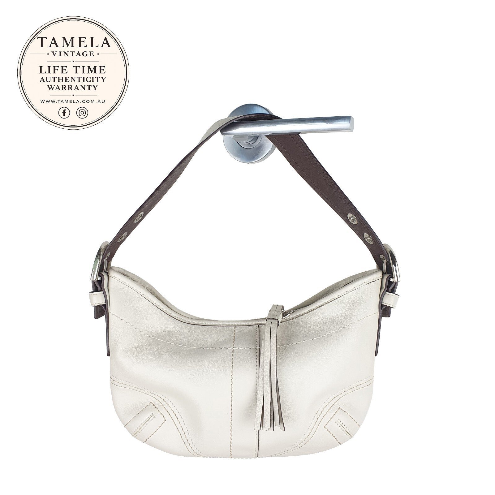 Coach Vintage Cream Leather Shoulder Bag with Brown Strap
