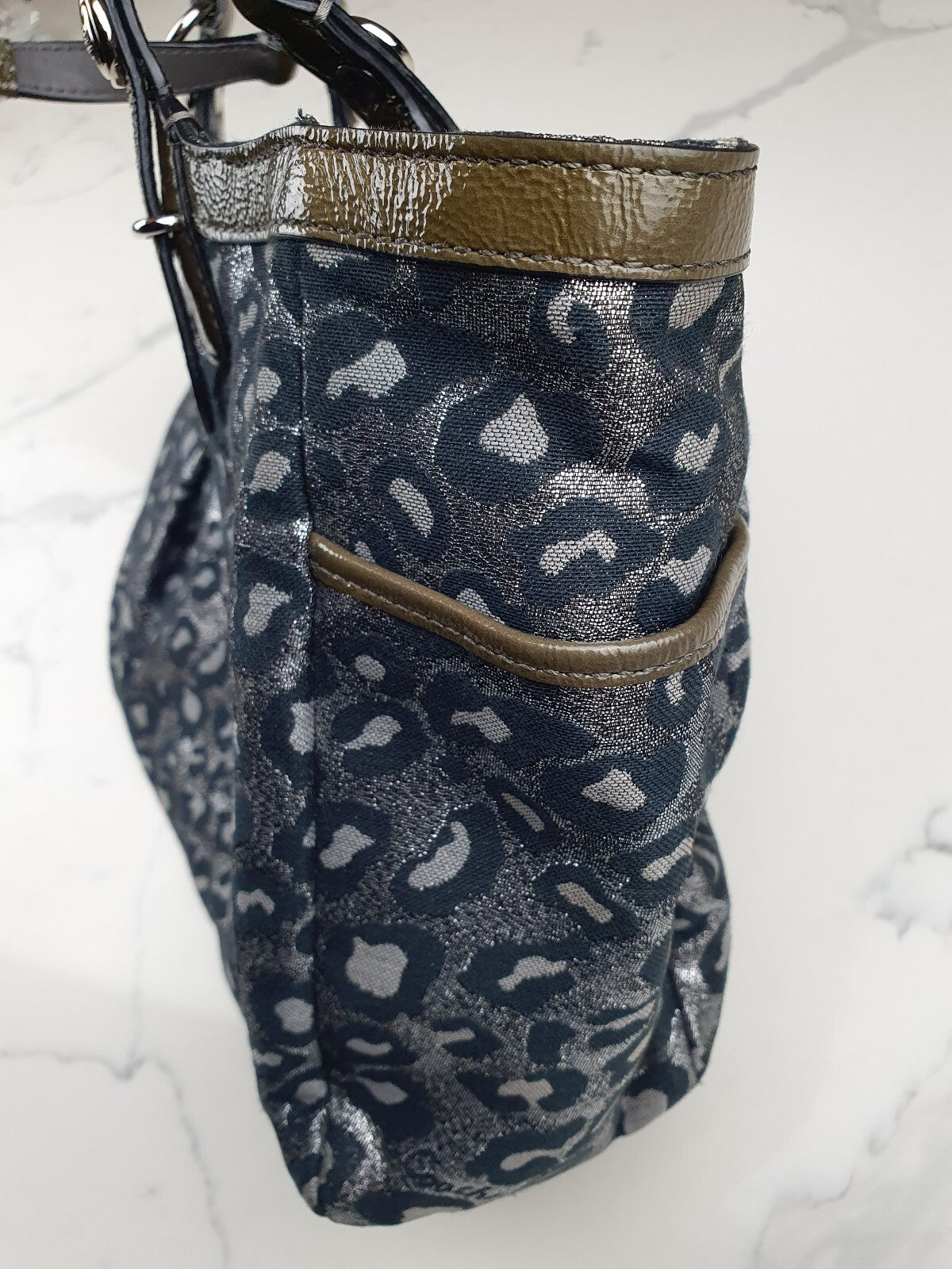Coach Metallic Leopard Print Tote Bag with Olive Patent Leather Trim