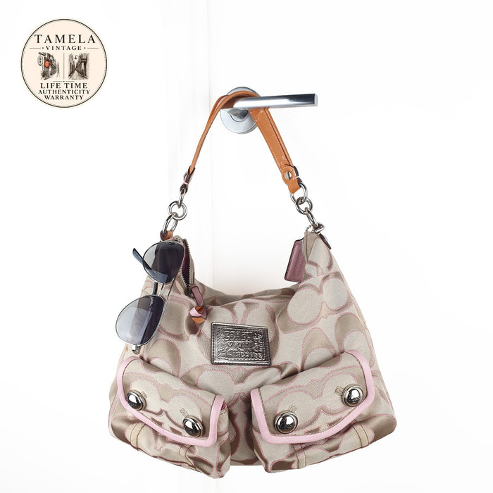 Coach Signature Canvas and Leather Shoulder Bag with Pink Trim