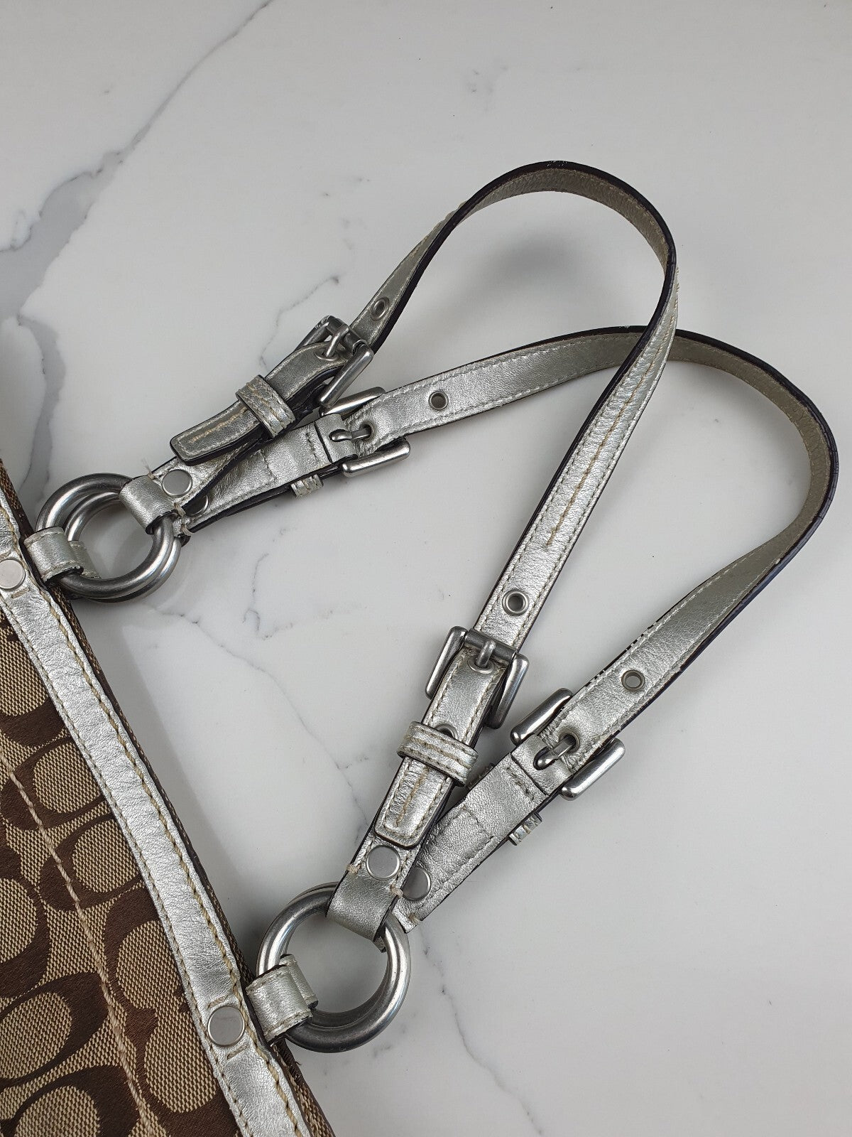 Coach Signature Canvas Tote Bag with Silver Leather Trim