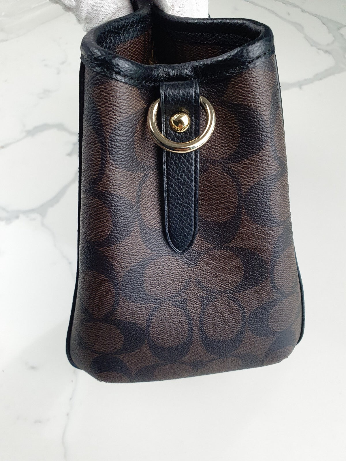 Coach Brown Signature Canvas Satchel Handbag with Black Leather Handles