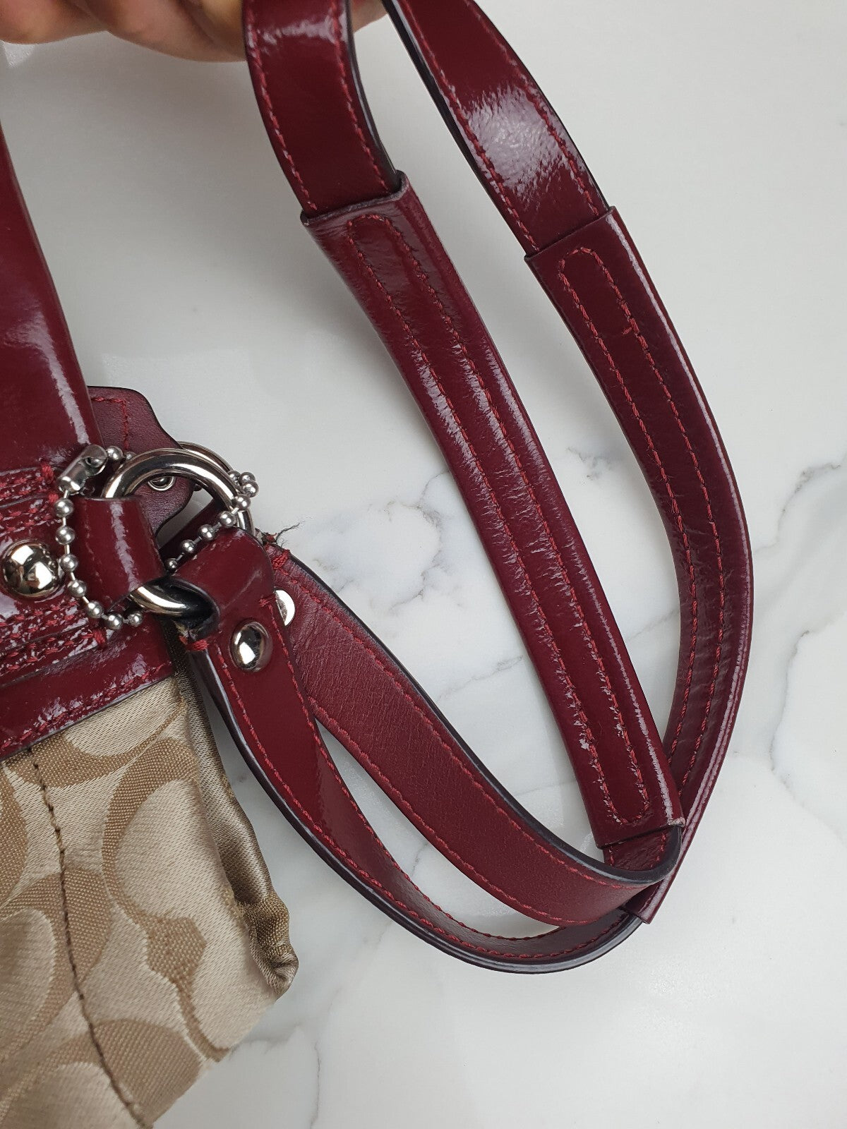 Coach Signature Canvas Tote Bag with Burgundy Patent Leather Trim