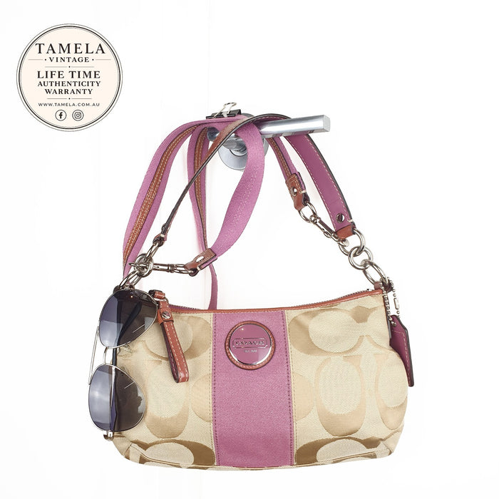 Coach Beige and Pink Signature Jacquard Crossbody Bag with Leather Trim