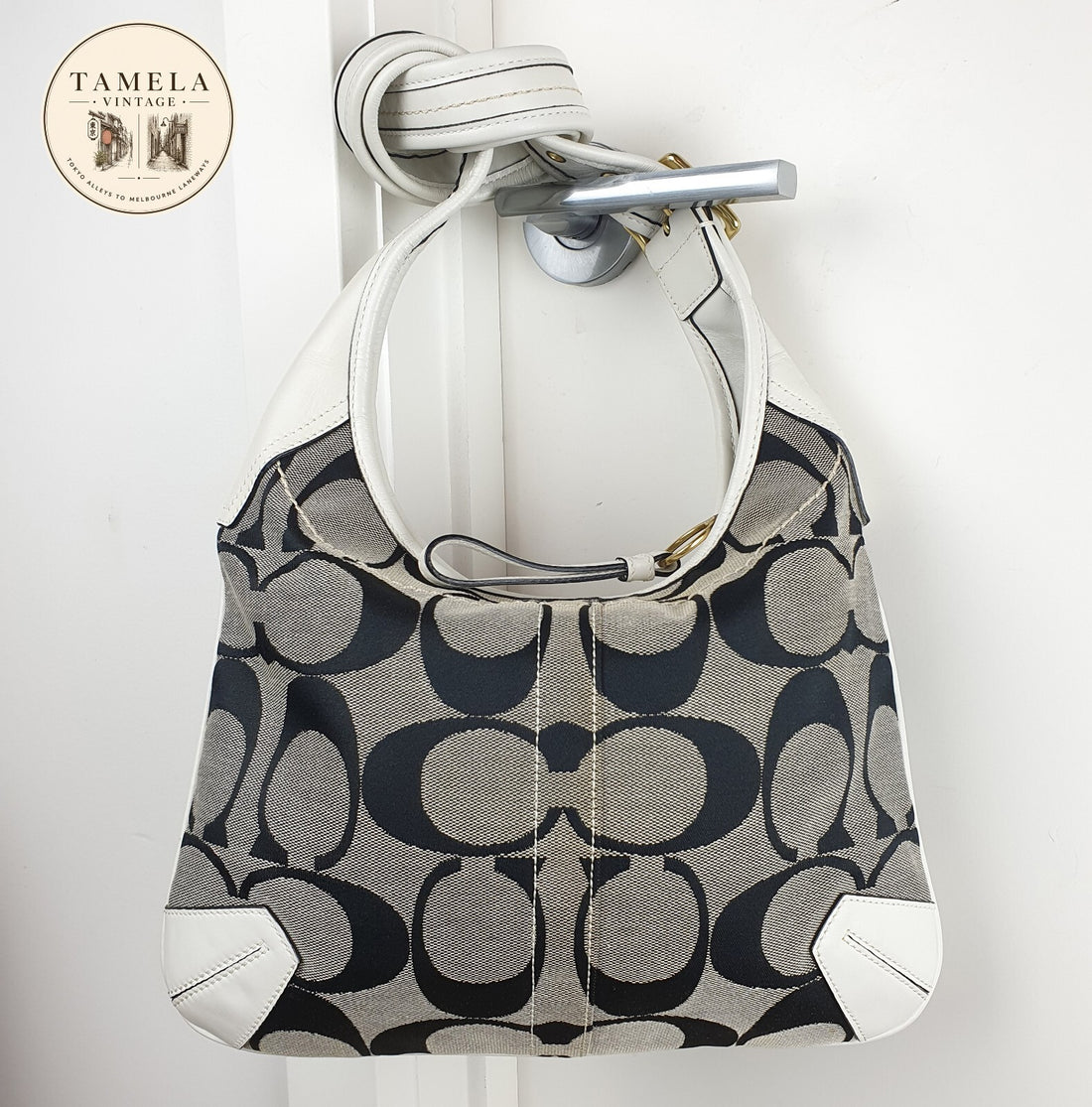 Coach Signature Canvas and White Leather Hobo Shoulder Bag