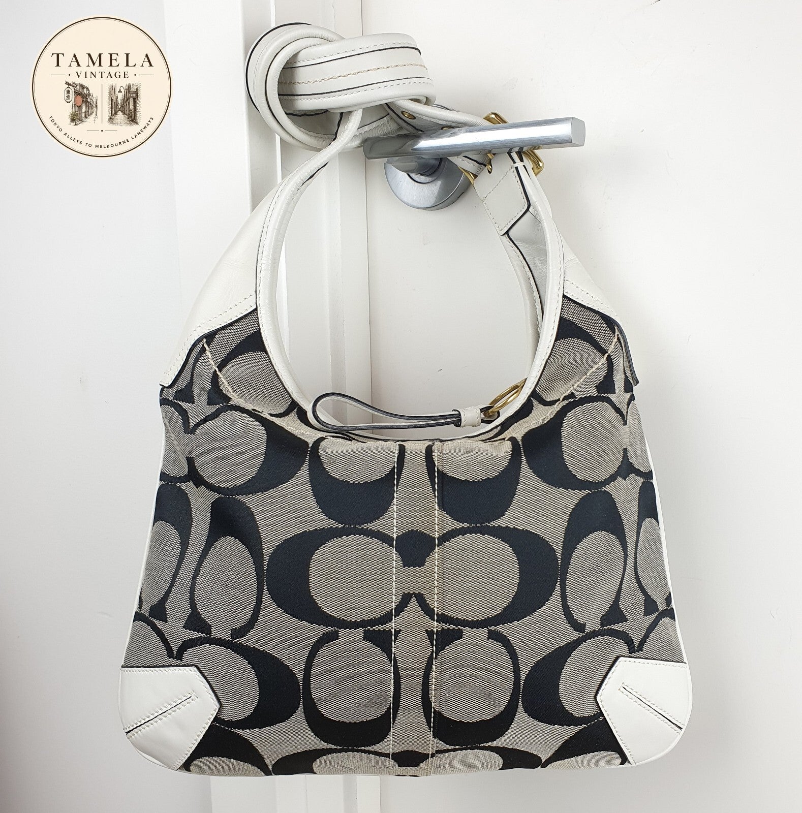 Coach Signature Canvas and White Leather Hobo Shoulder Bag