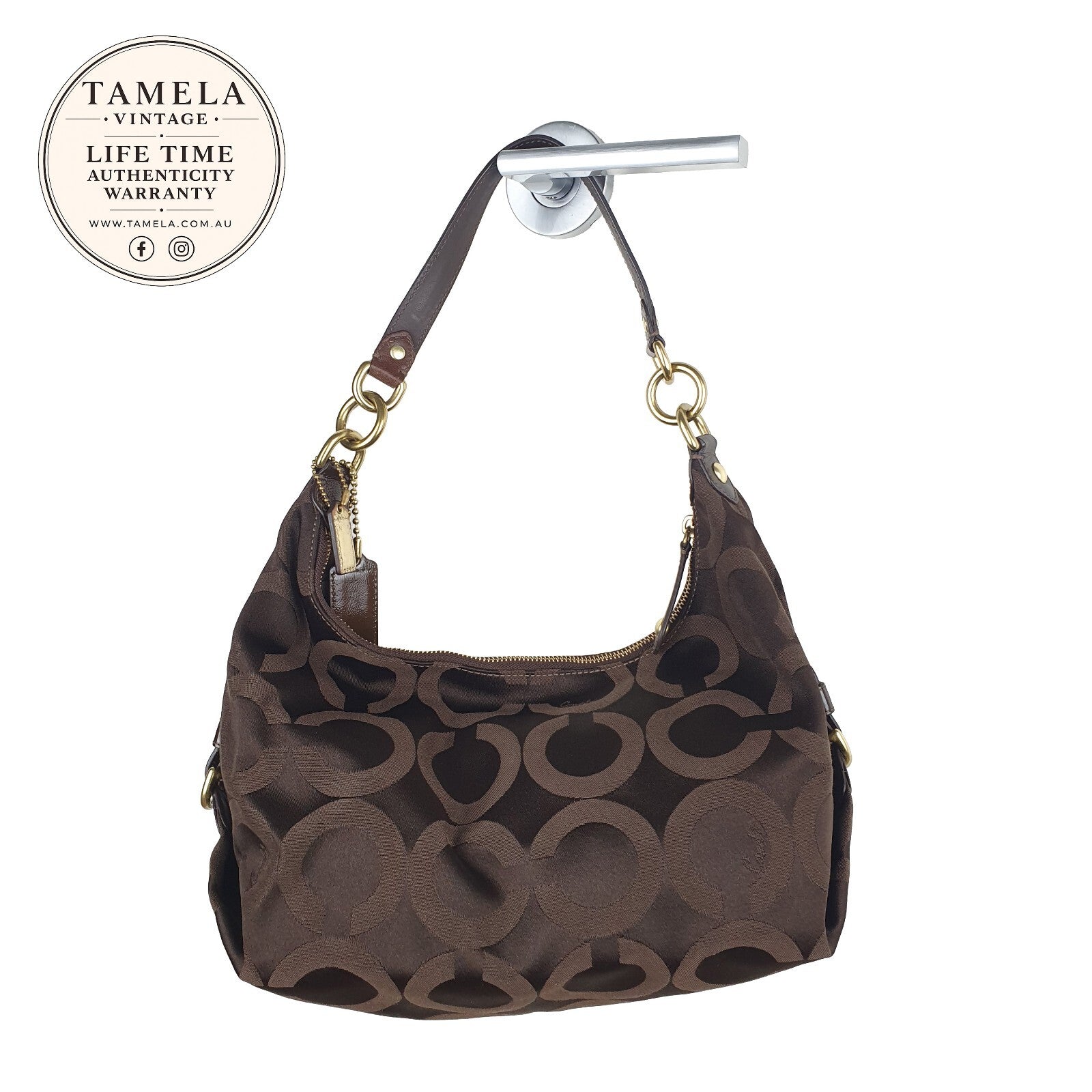 Coach Brown Signature Jacquard Hobo Shoulder Bag with Leather Trim