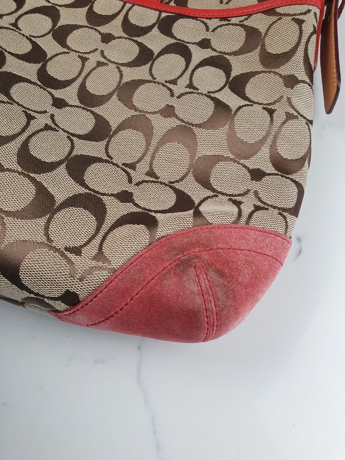 Coach Signature Canvas and Leather Shoulder Bag in Brown and Coral